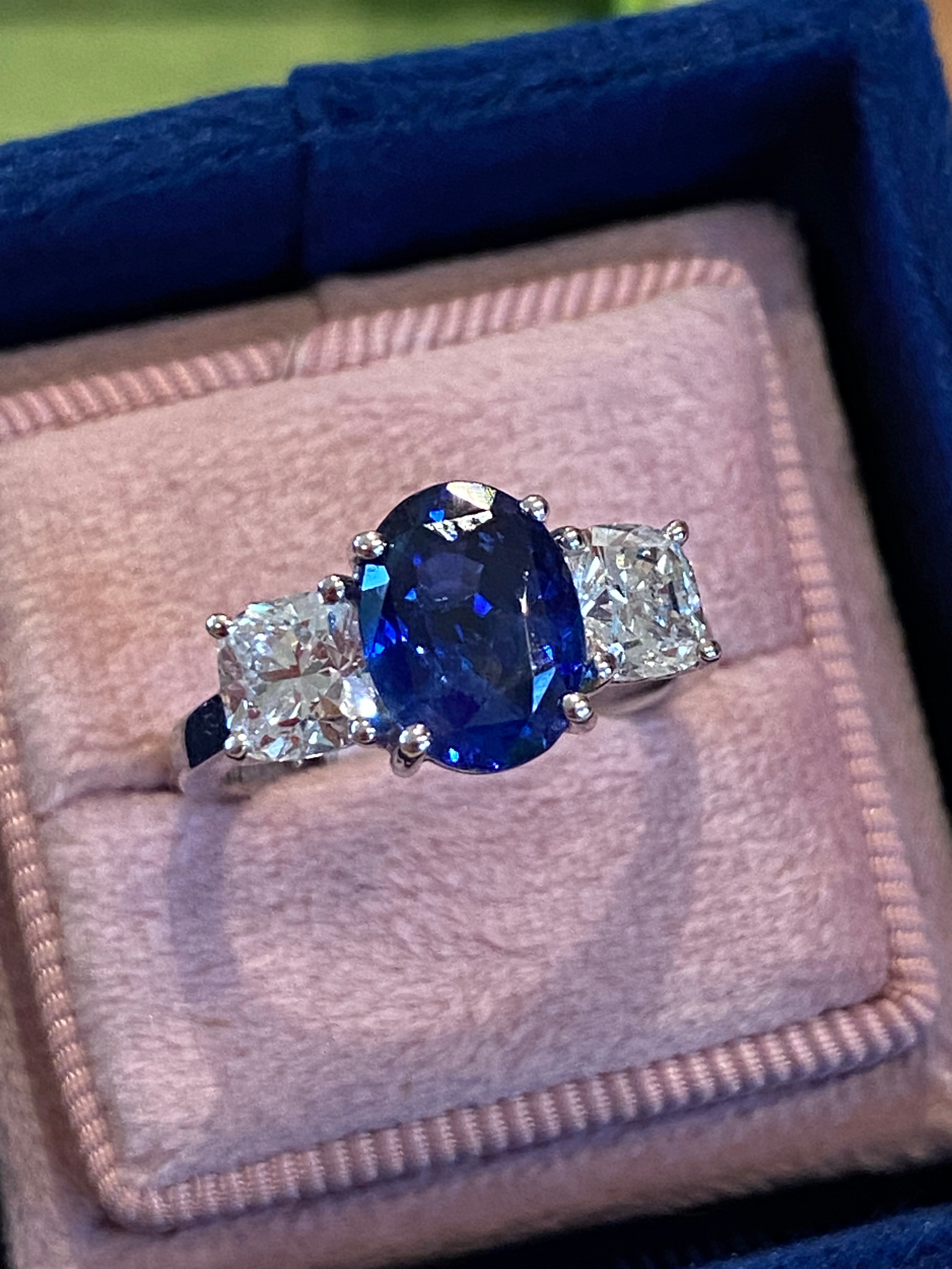 4.33 CTW Blue Ceylon Sapphire and Natural Diamond Three Stone Engagement Ring in Platinum