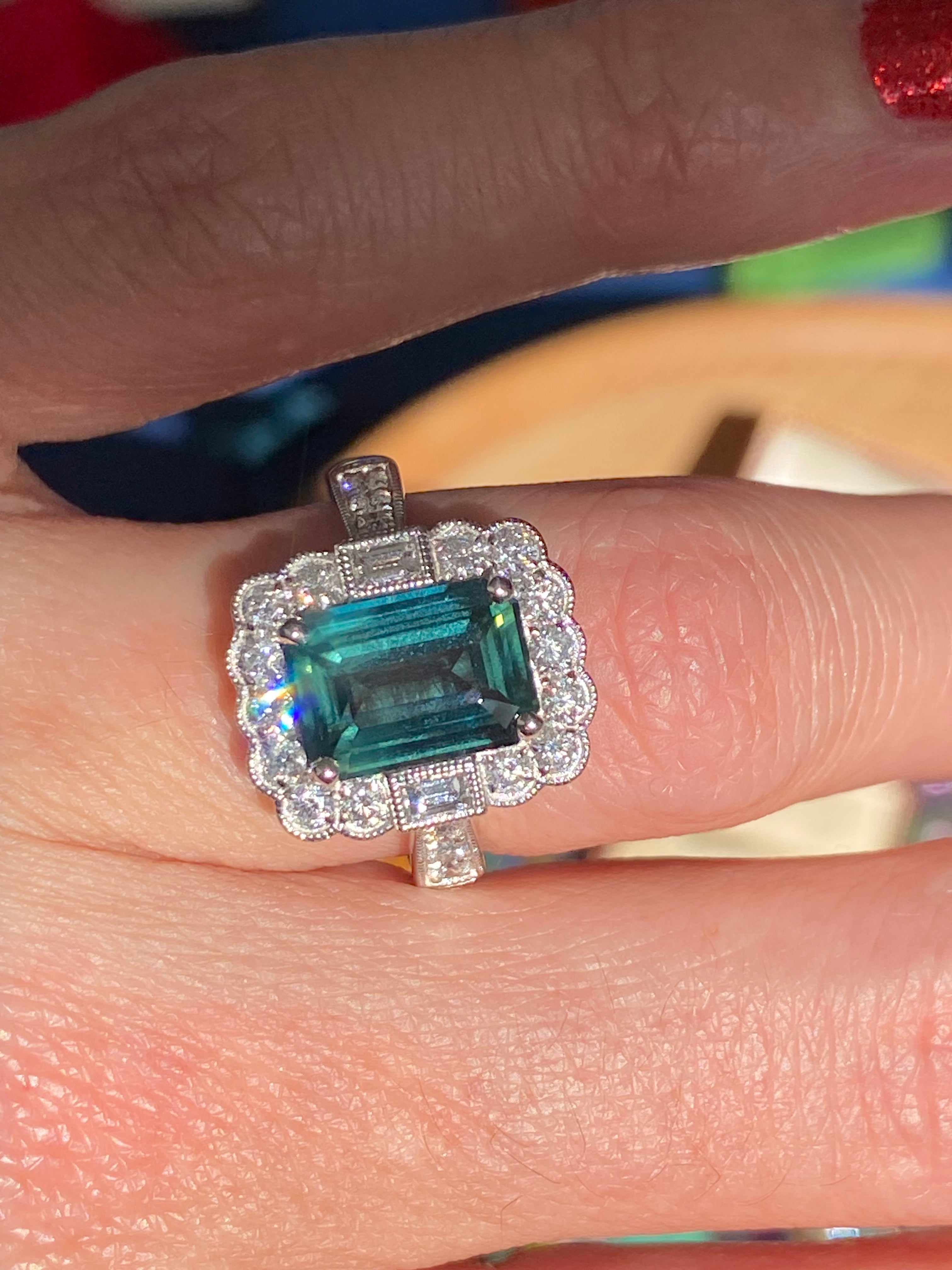 3.73 Carat Teal Sapphire and Natural Diamond Ring in Platinum