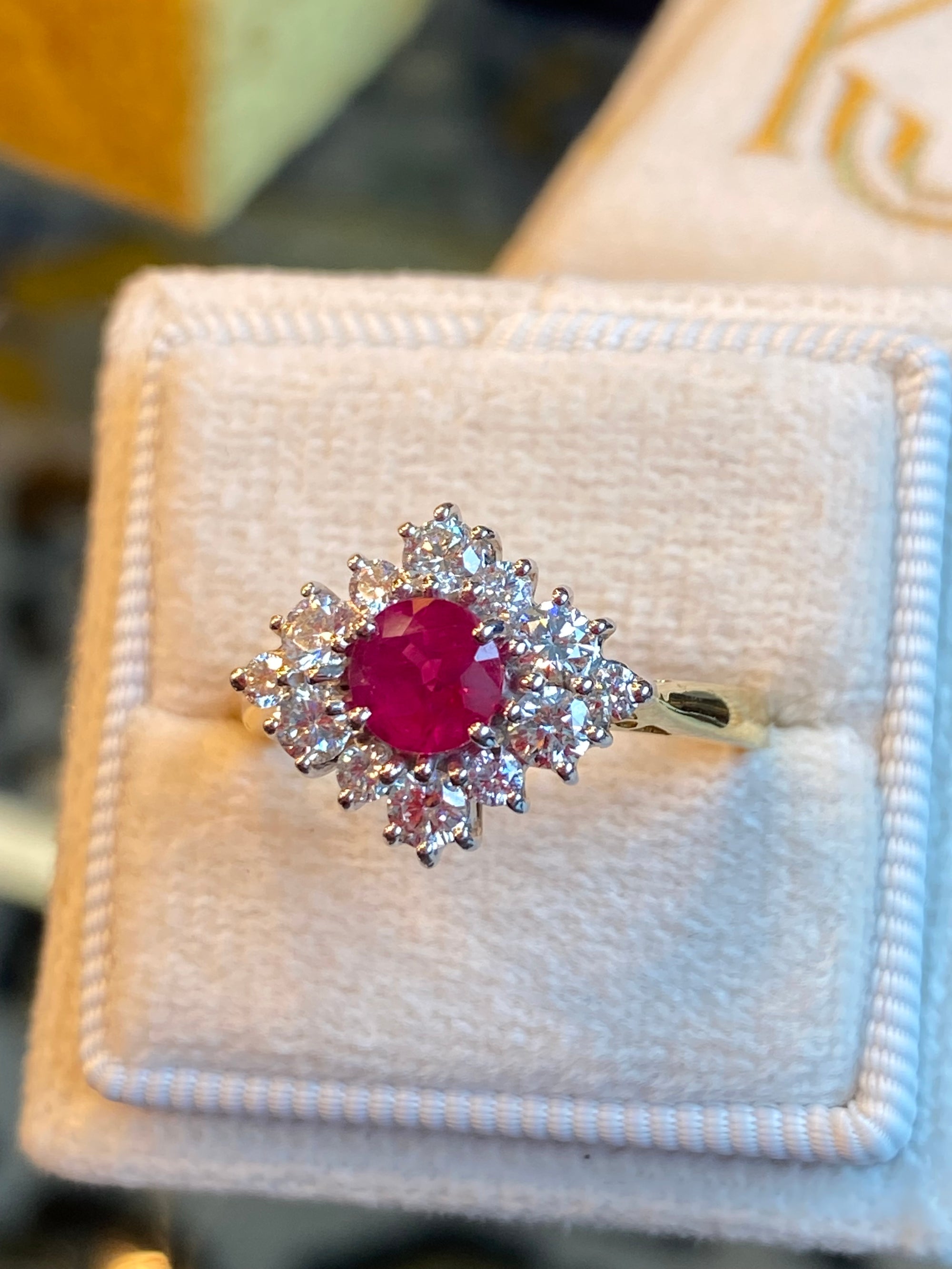 1.31 CTW Round-Cut Ruby and Natural Diamond Halo Ring in 18ct White and Yellow Gold