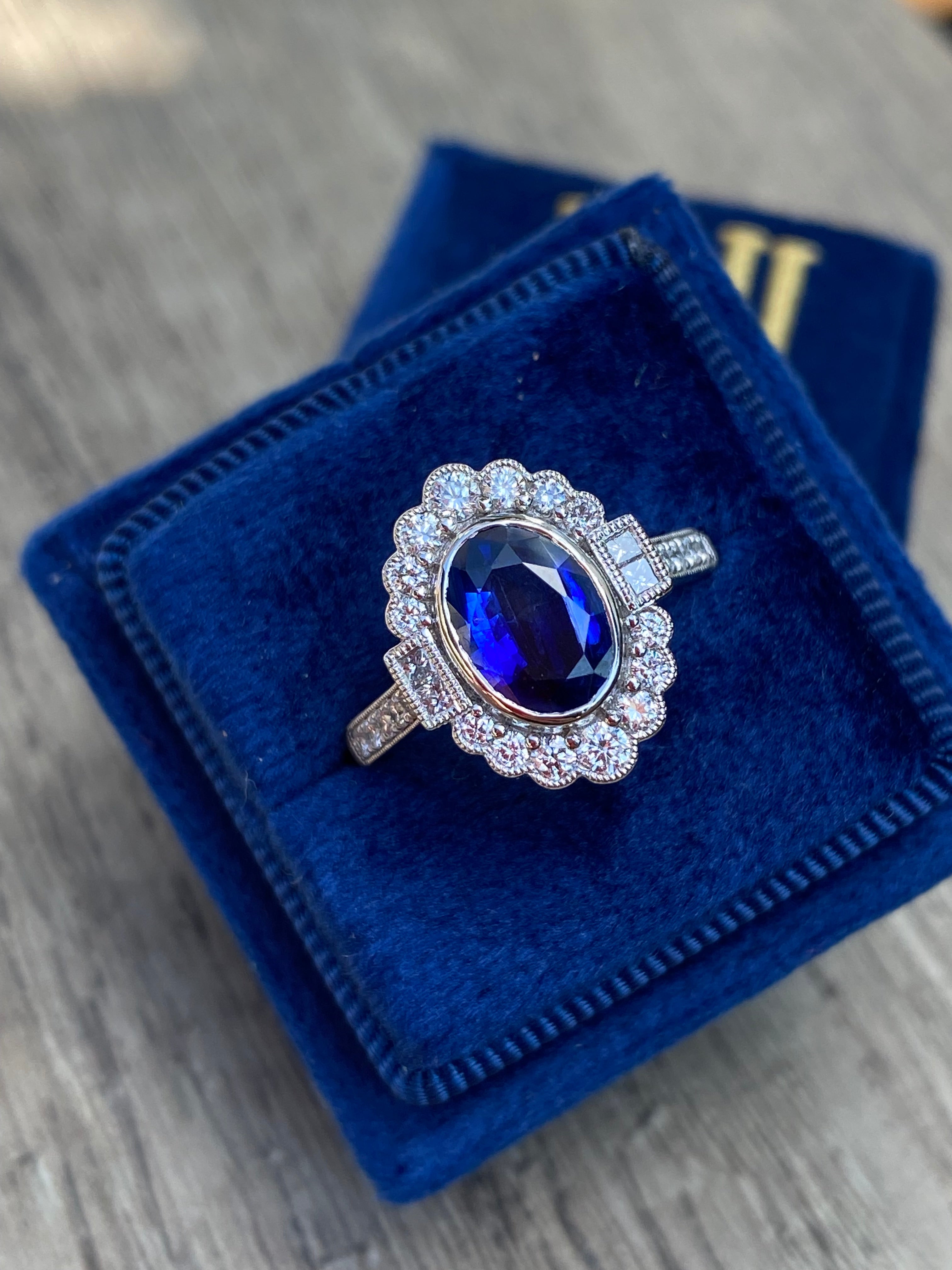 1.95 Carat Blue Ceylon Sapphire and Natural Diamond Halo Ring in Platinum