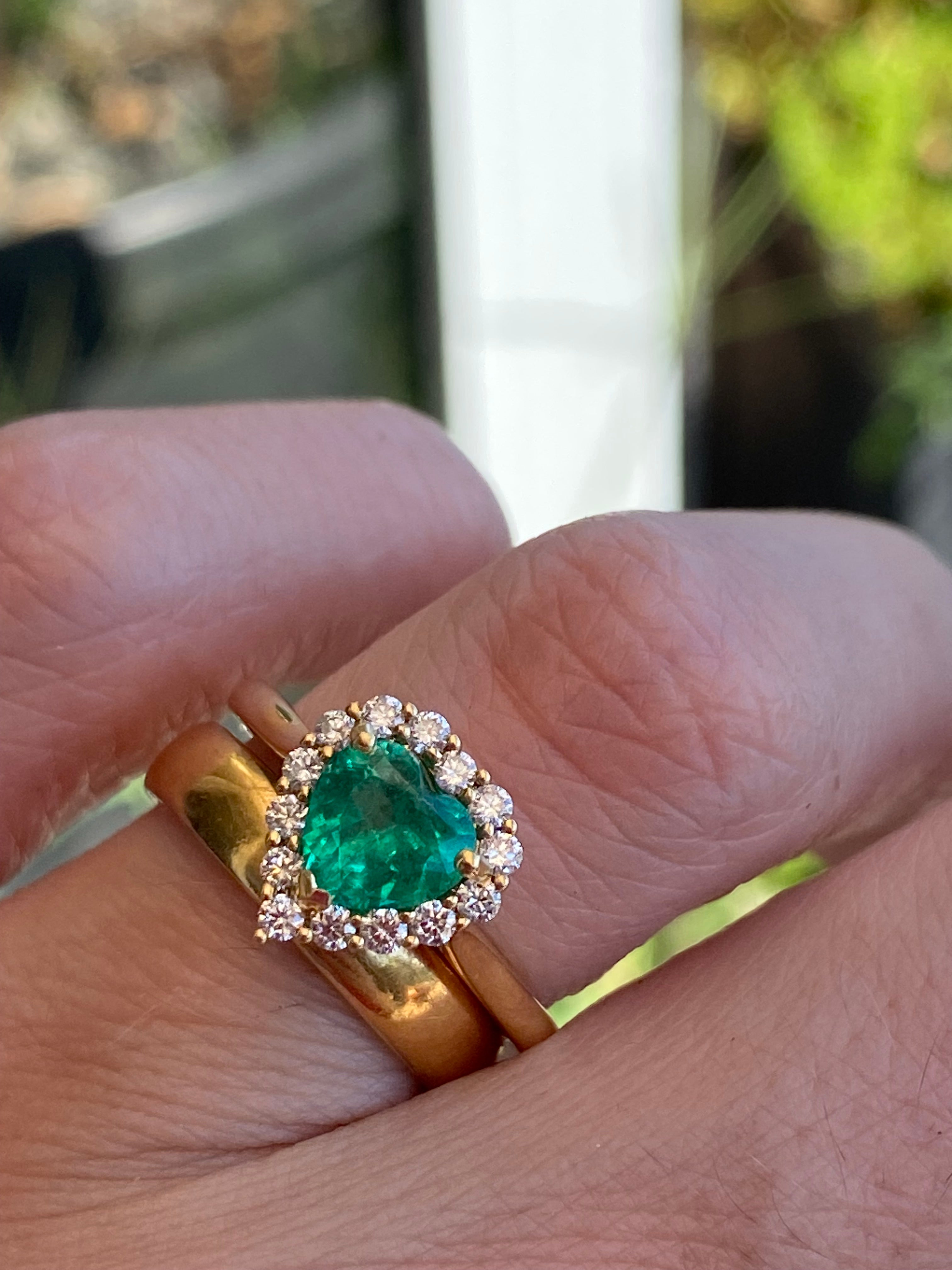1.16 CTW Heart Shape Emerald and Natural Diamond Halo Ring in 18ct Yellow Gold