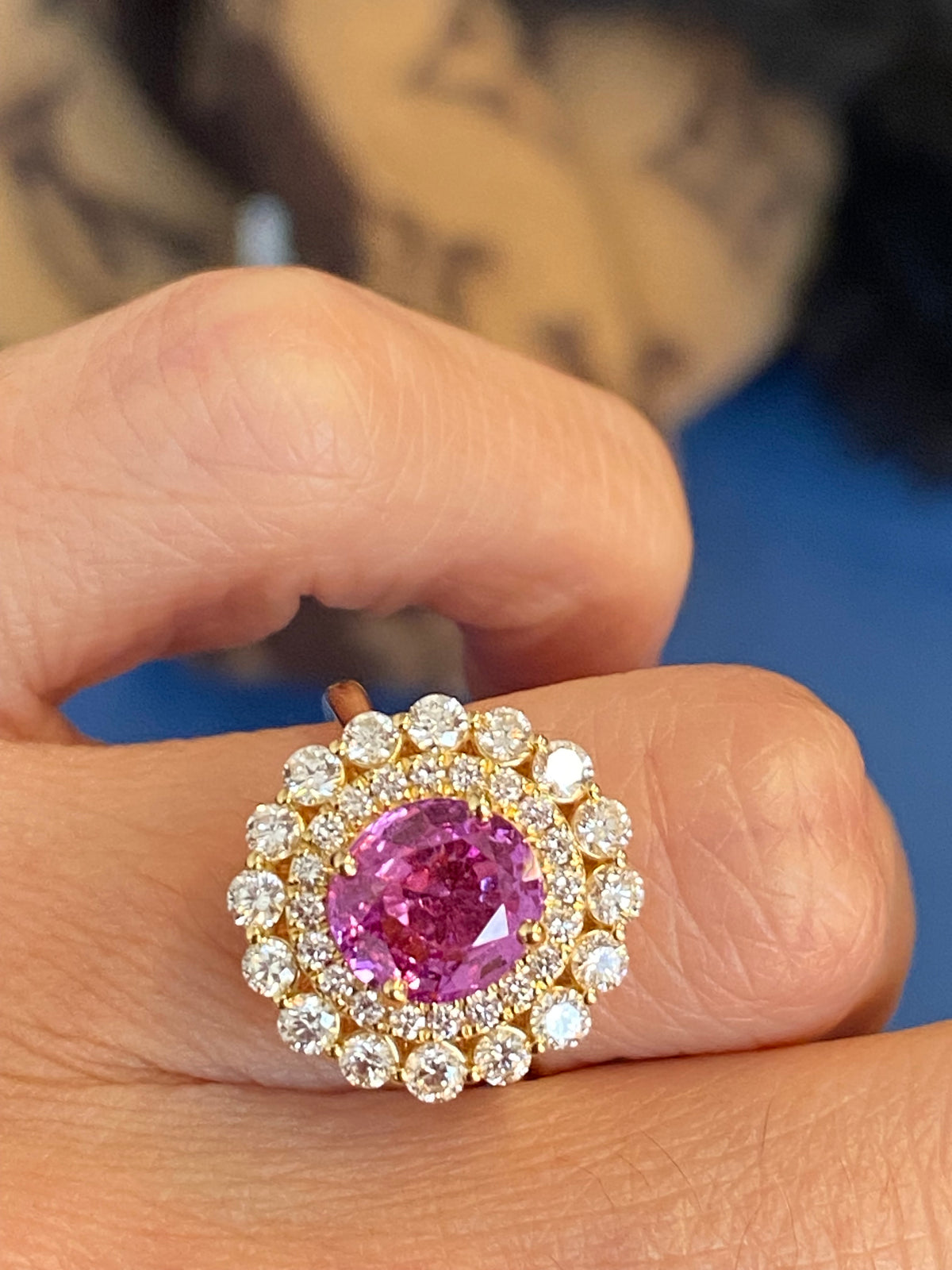 3.45 CTW Round Cut Pink Sapphire and Natural Diamond Halo Engagement Ring in 18ct Yellow Gold