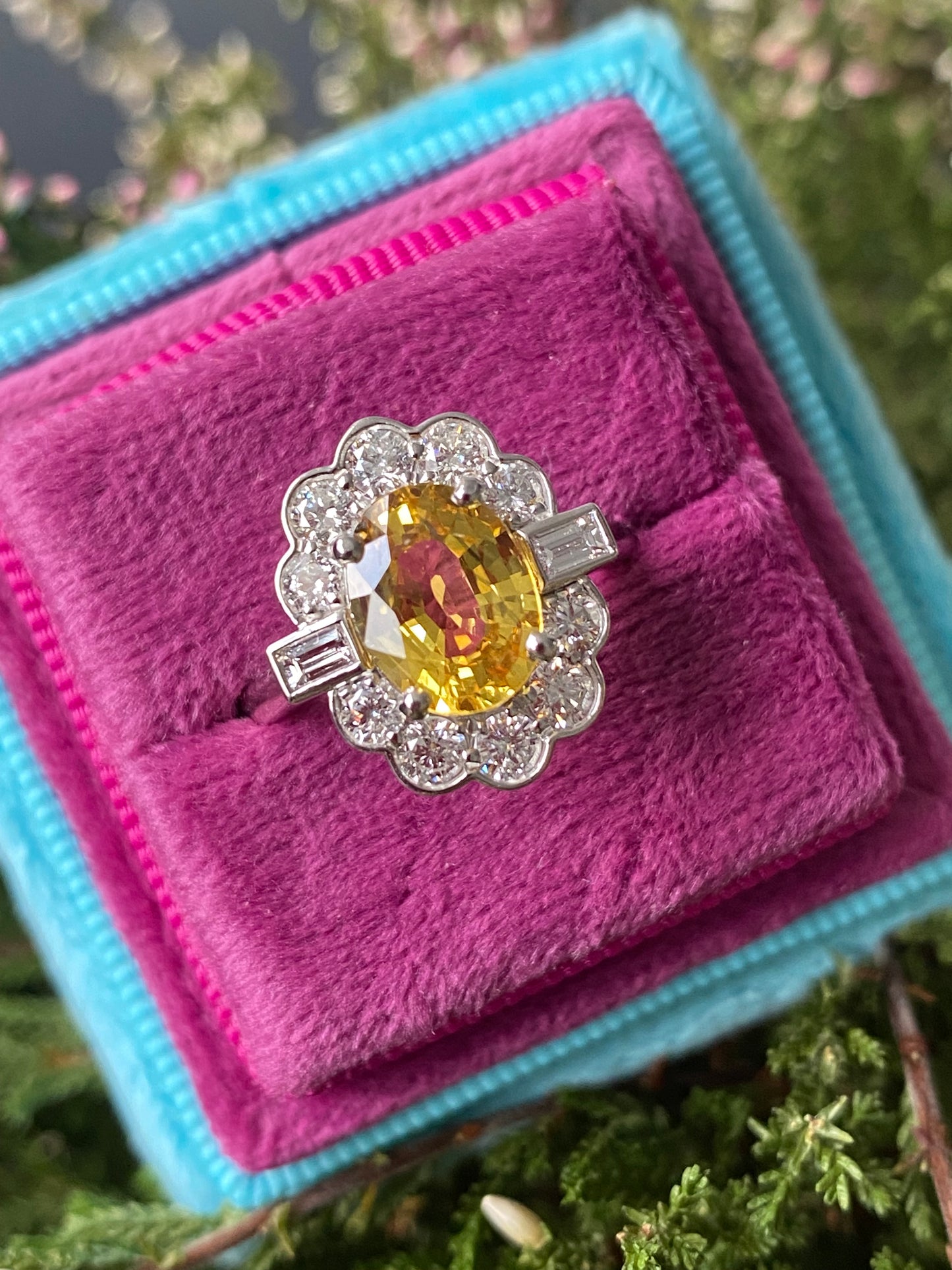 2.45 Carat Yellow Sapphire and Natural Diamond Halo Ring in Platinum