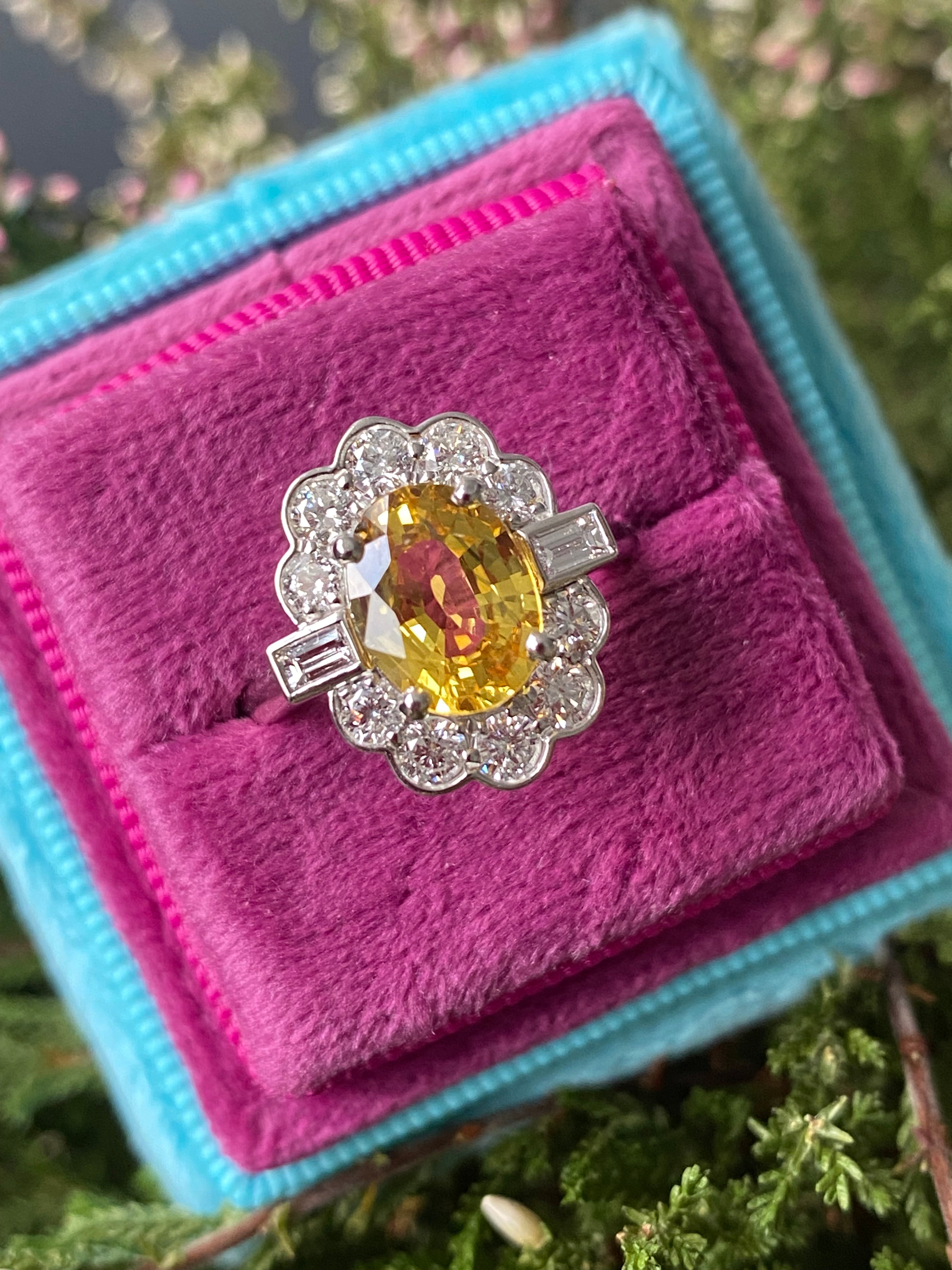 2.45 Carat Yellow Sapphire and Natural Diamond Halo Ring in Platinum