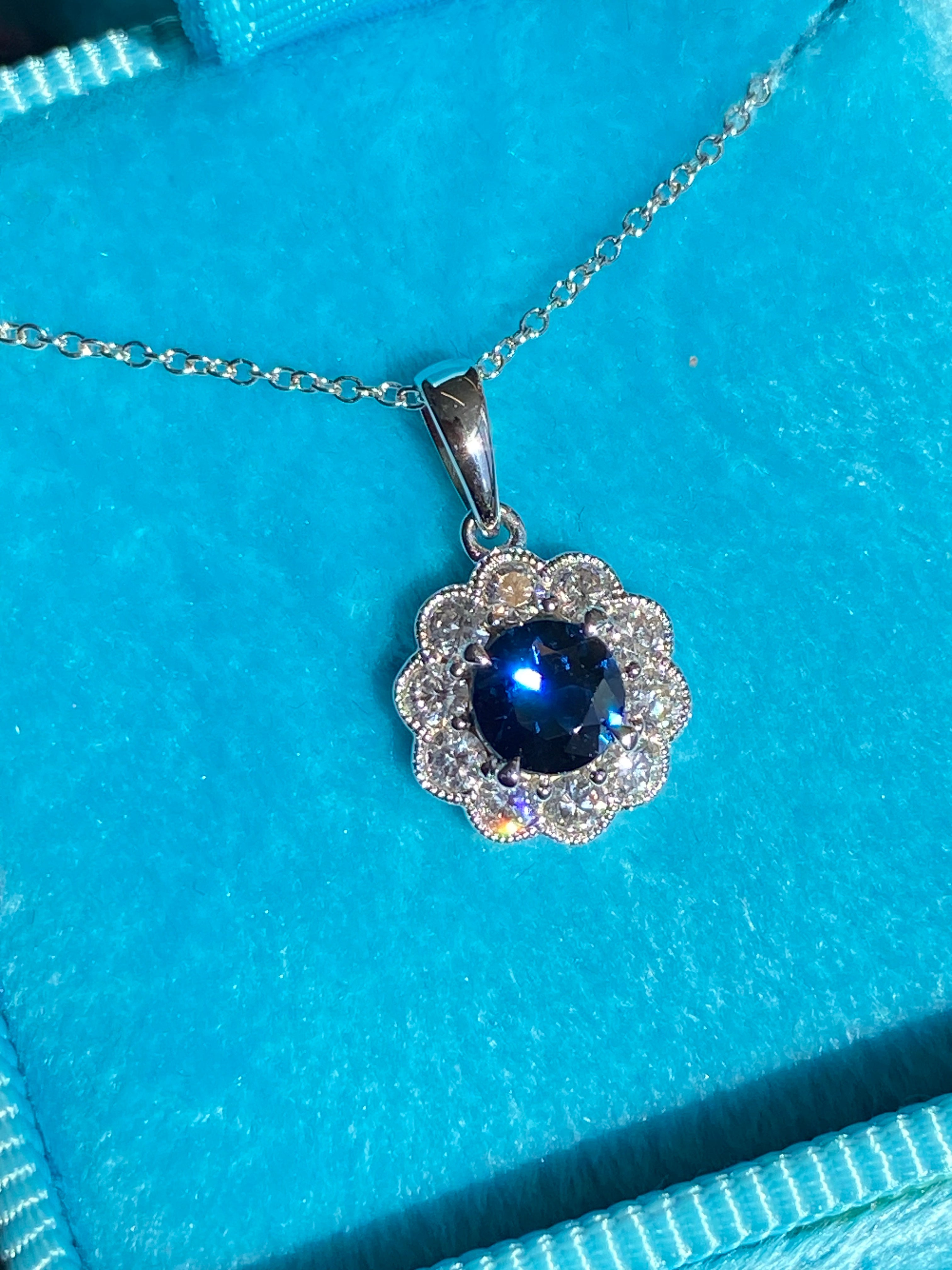 0.86 CTW Sapphire and Natural Diamond Pendant Necklace in 18ct White Gold