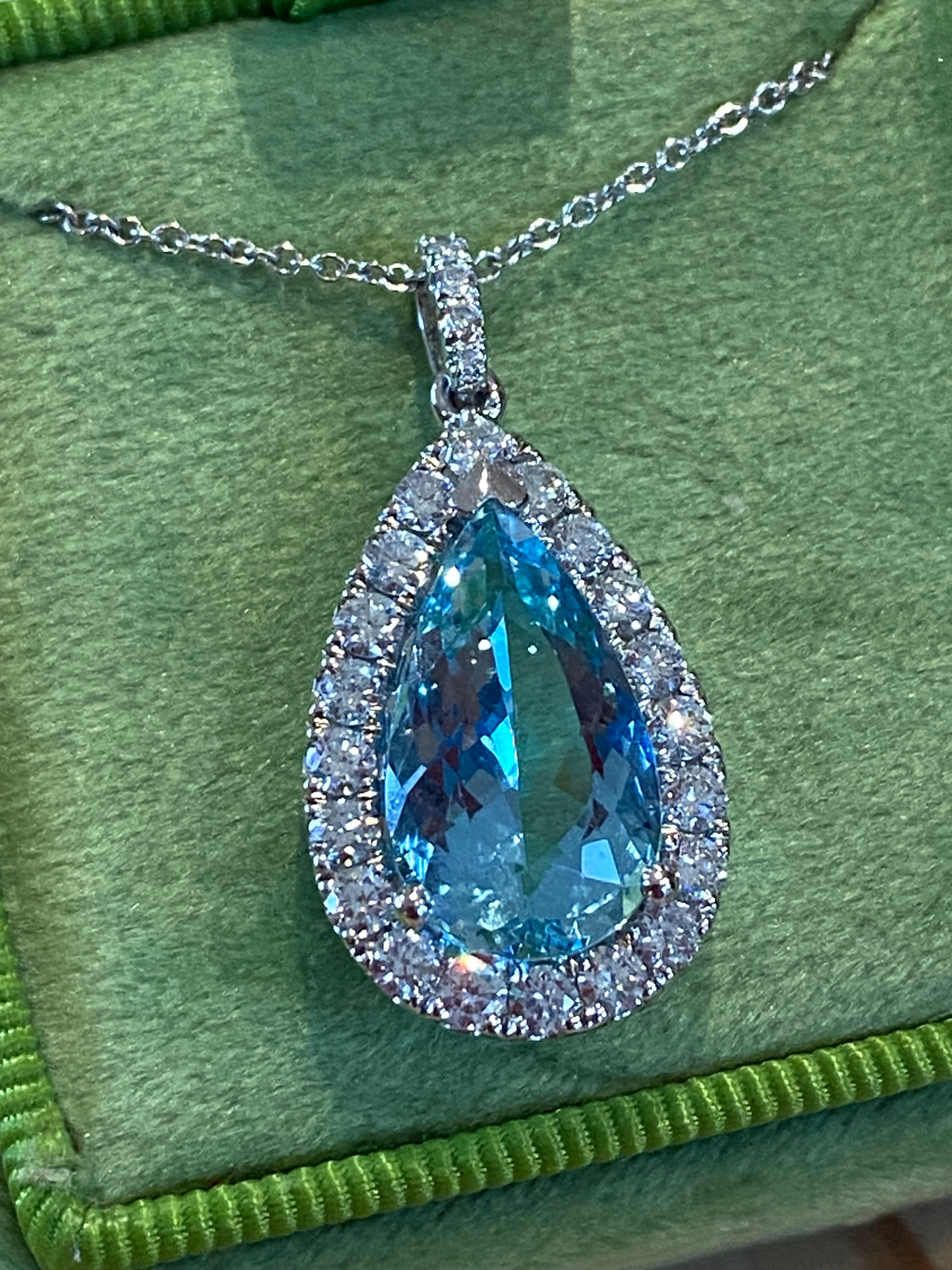 5.14 CTW Pear Cut Aquamarine and Natural Diamond Pendant Necklace in 18ct White Gold
