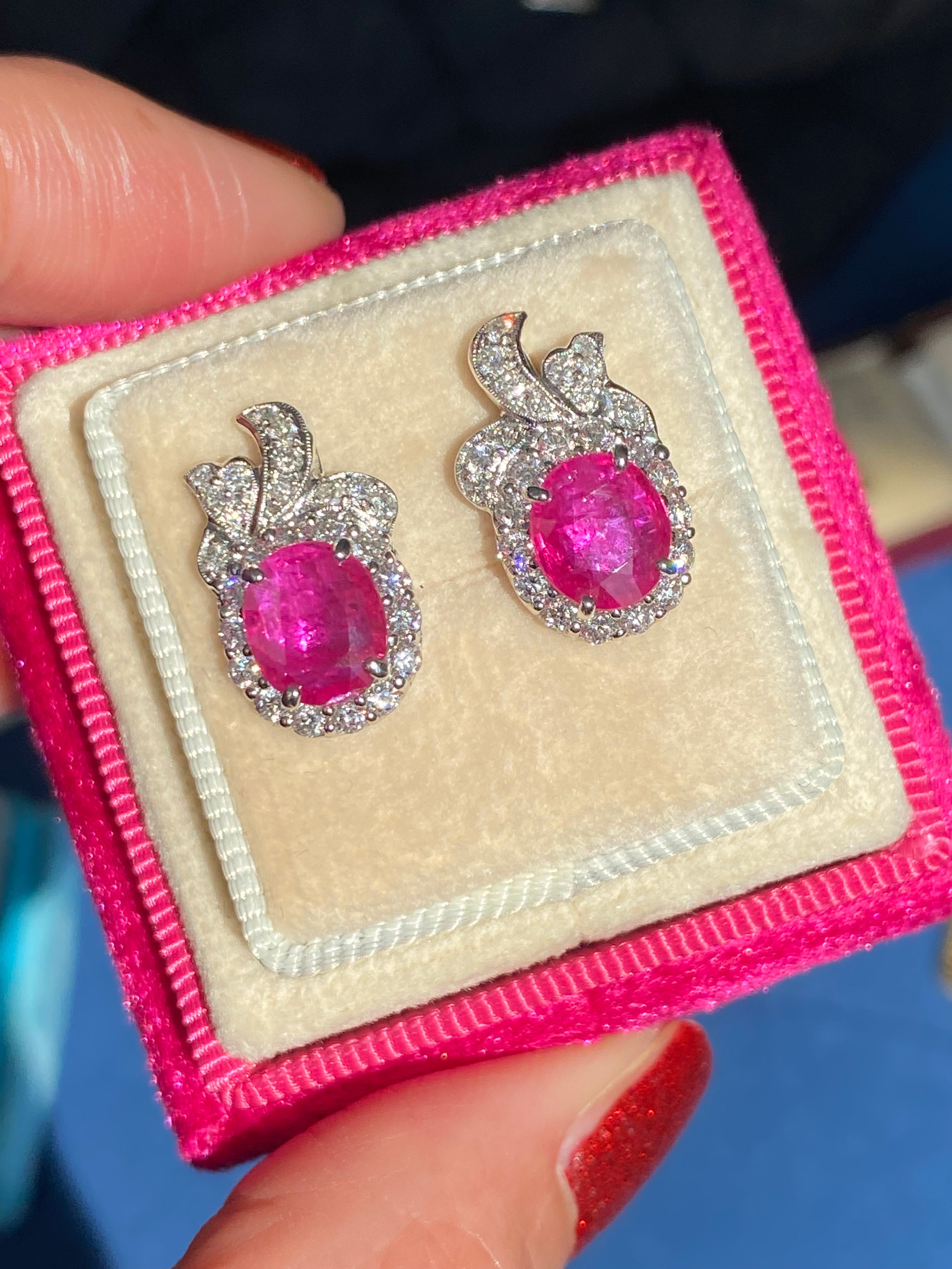 3.98 CTW Vintage Burmese Ruby Stud Earrings in 18ct White Gold