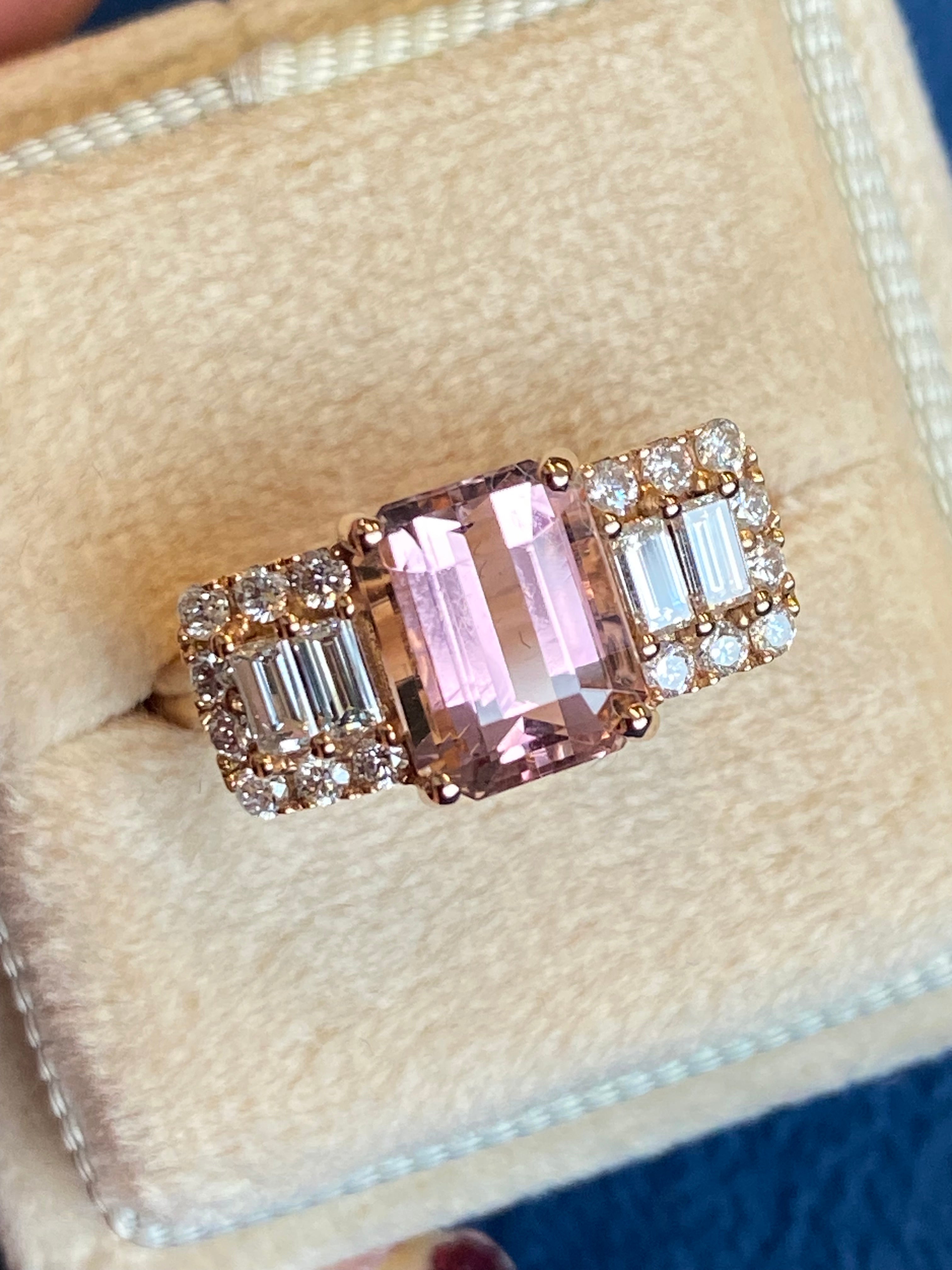 2.49 CTW Emerald Cut Morganite and Diamond Three Stone Style Engagement Ring in 18ct Rose Gold