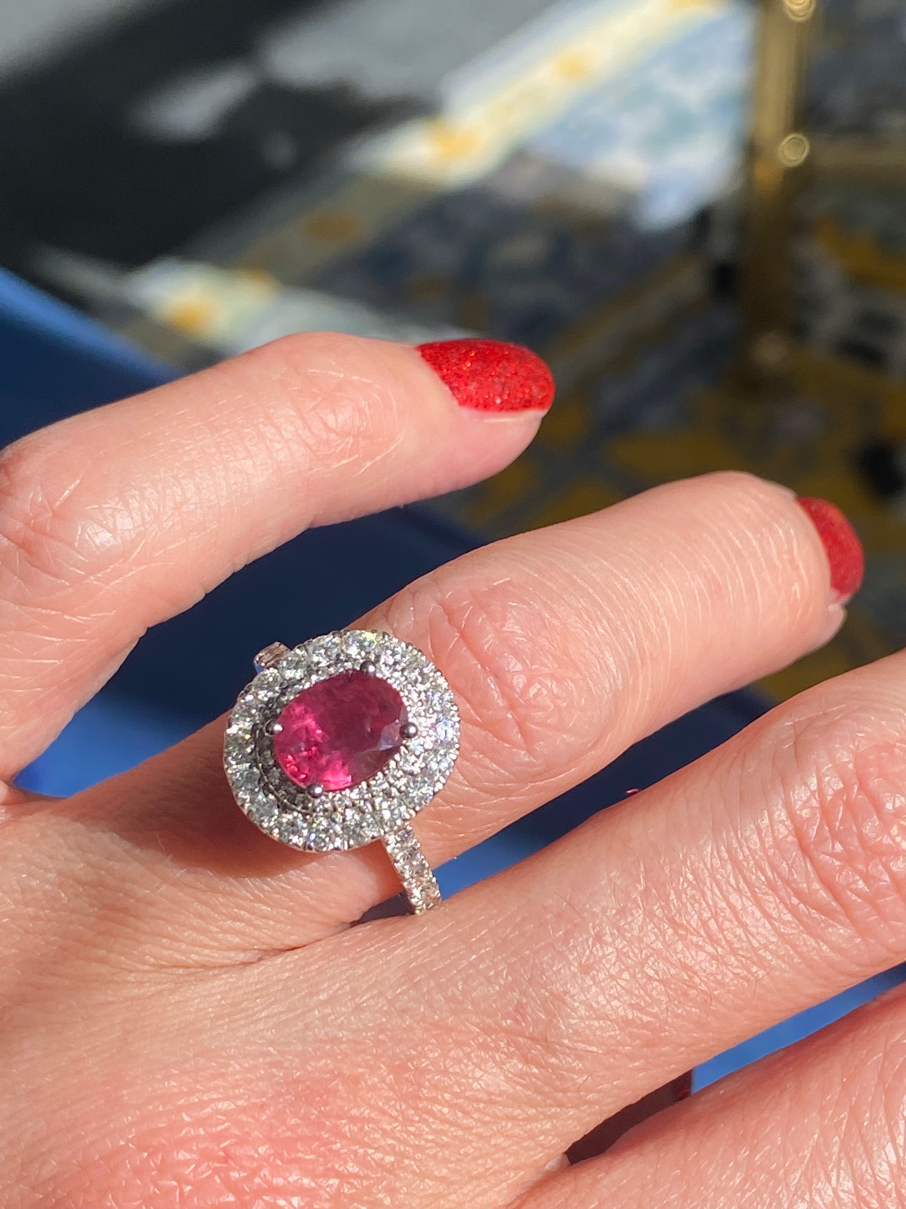2.56 CTW Oval-Cut Ruby and Natural Diamond Double Halo Ring in Platinum