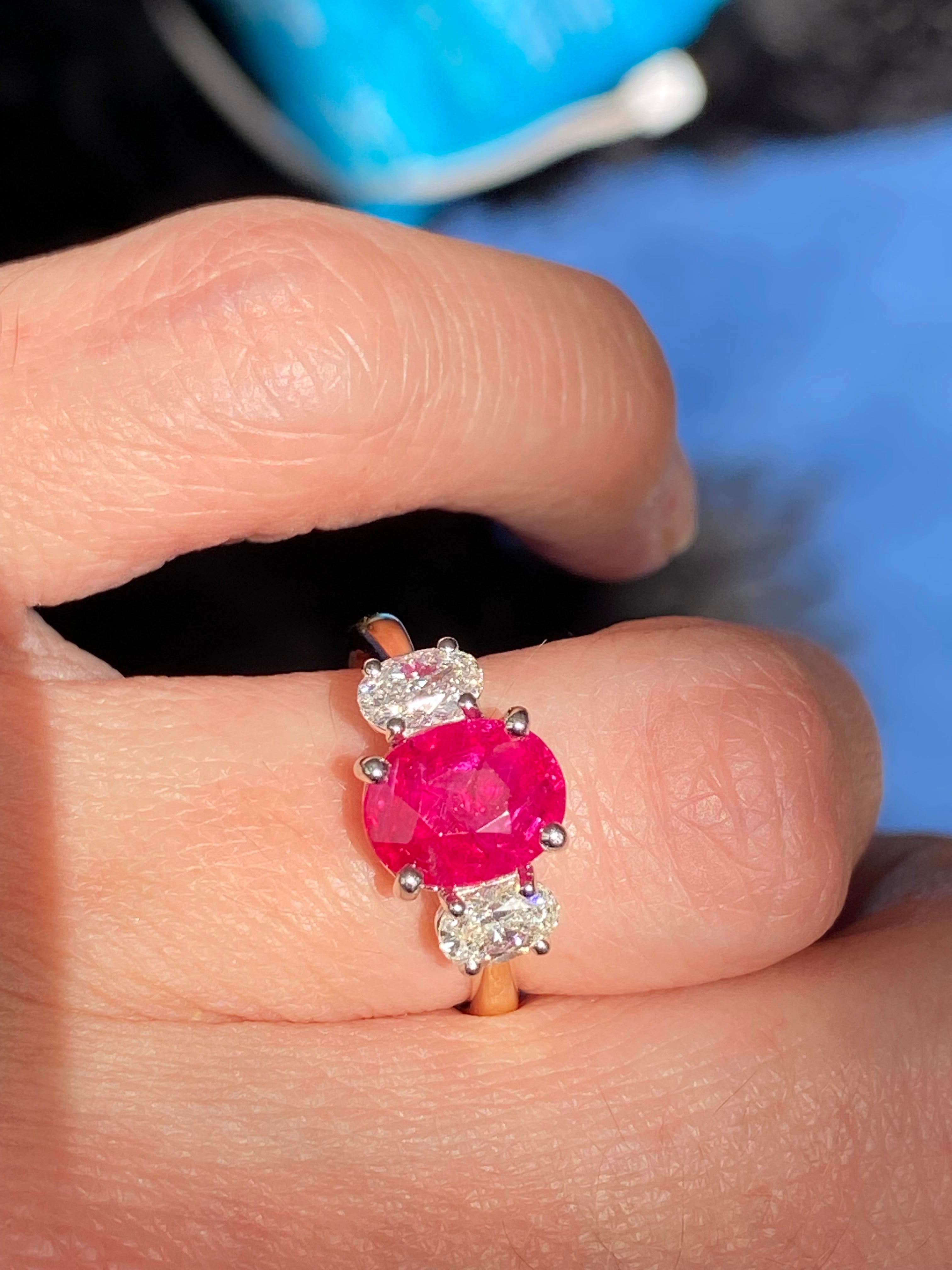 2.03 Carat Ruby and Natural Diamond Three Stone Ring in Platinum and 18ct Yellow Gold