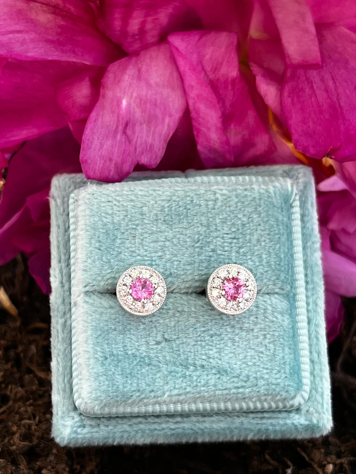 Pink Sapphire and Natural Diamond Halo Stud Earrings in 18ct White Gold