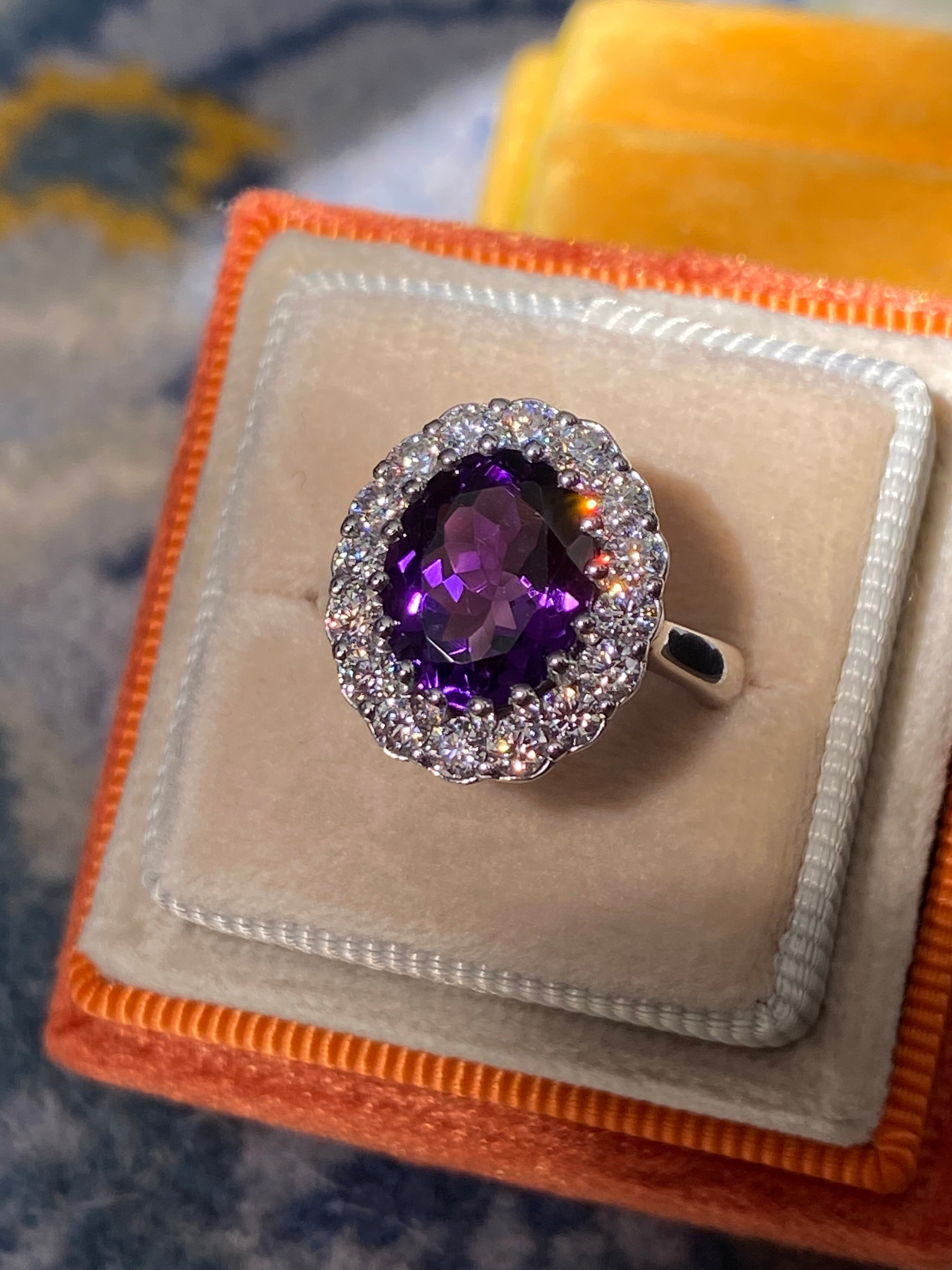 5.50 CTW Oval Cut Amethyst and Moissanite Halo Cocktail Ring