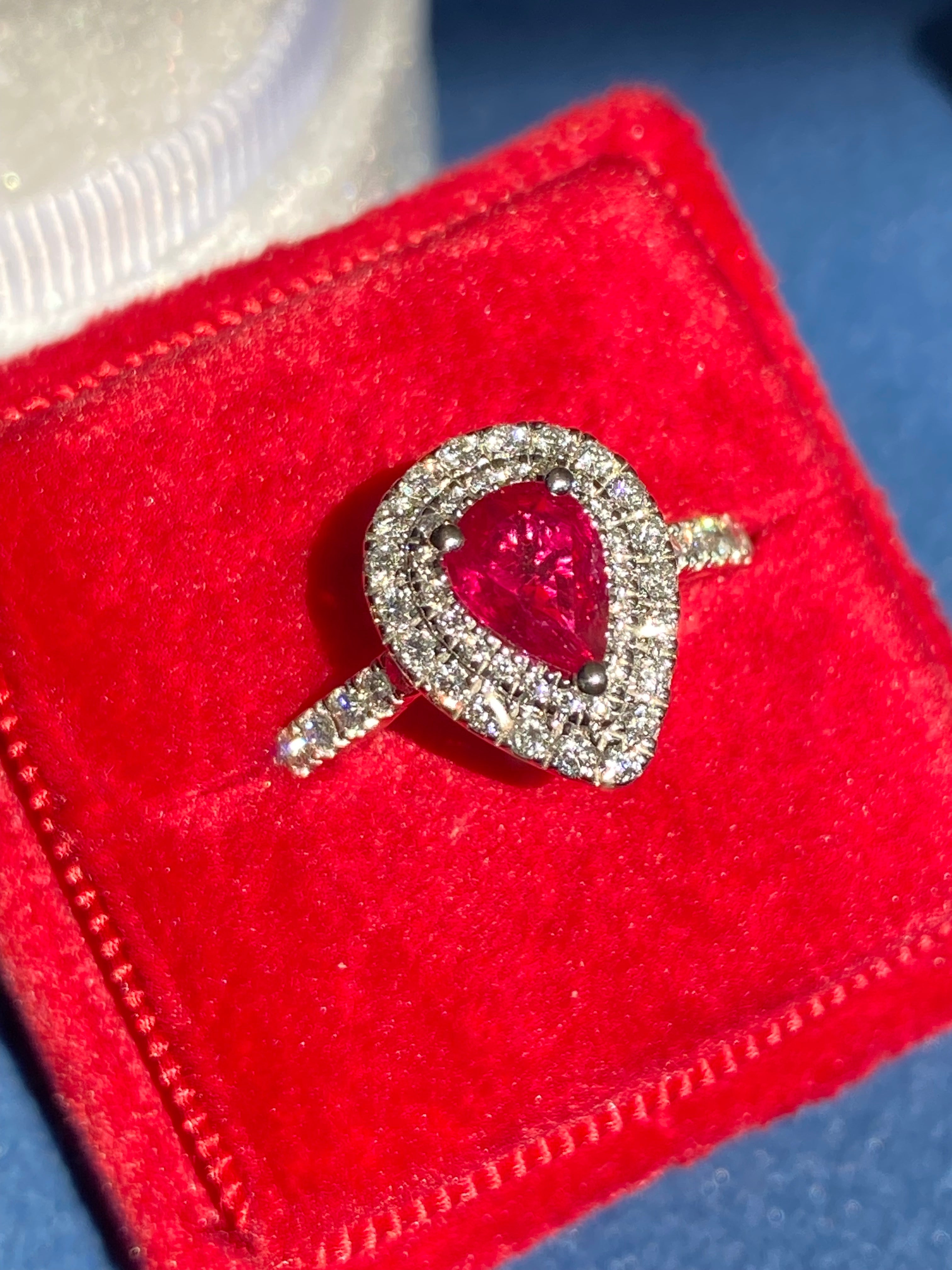 1.16 CTW Pear Cut Ruby and Natural Diamond Ring in Platinum
