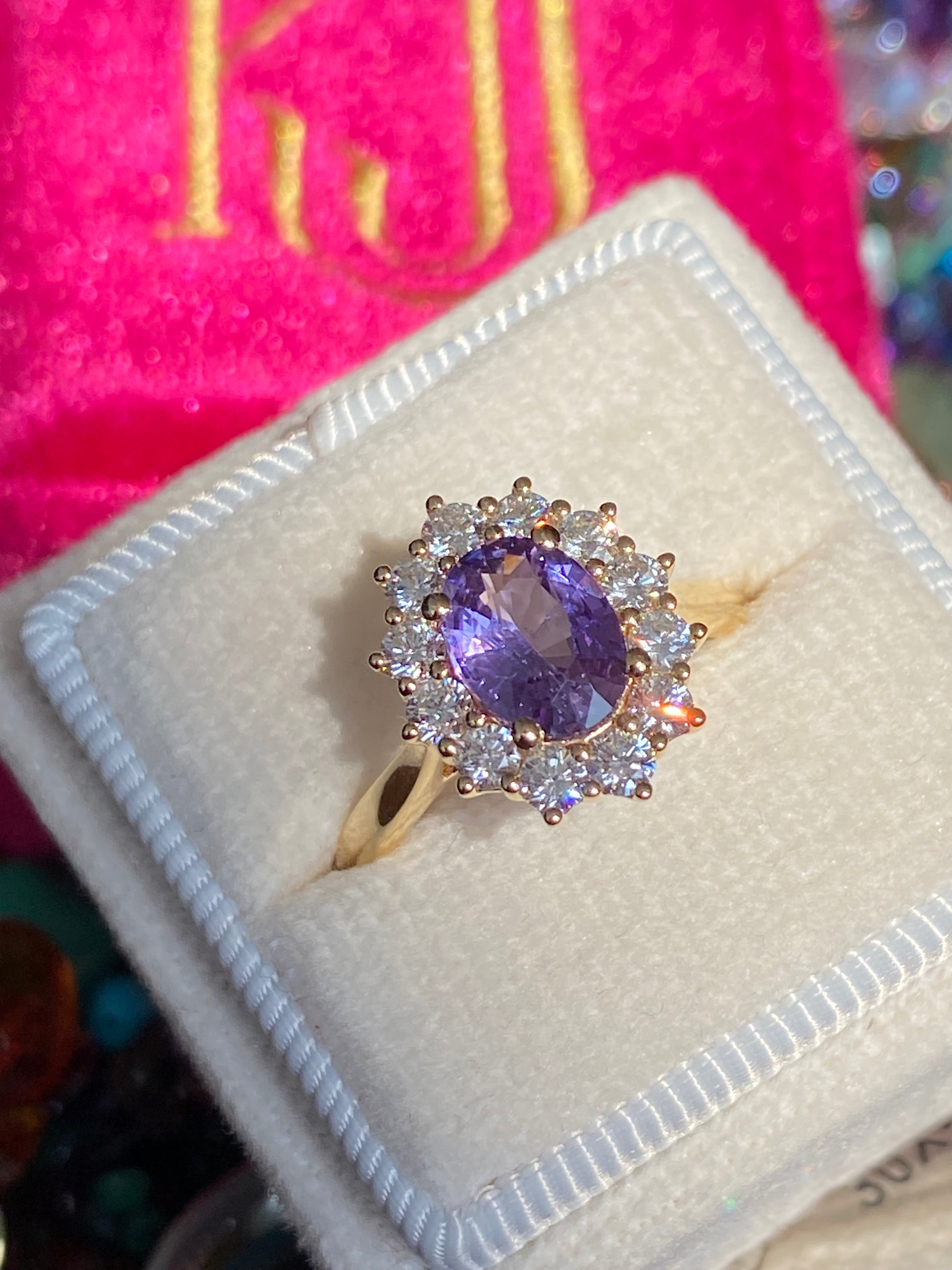 2.08 CTW Violet Sapphire and Natural Diamond Halo Ring in 18ct Yellow Gold