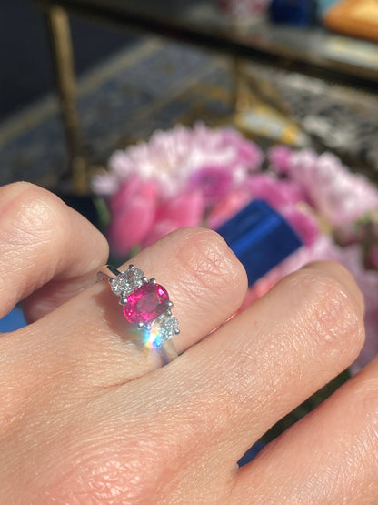 1.34 Carat Ruby and 0.66 Natural Diamond Three Stone Ring in Platinum