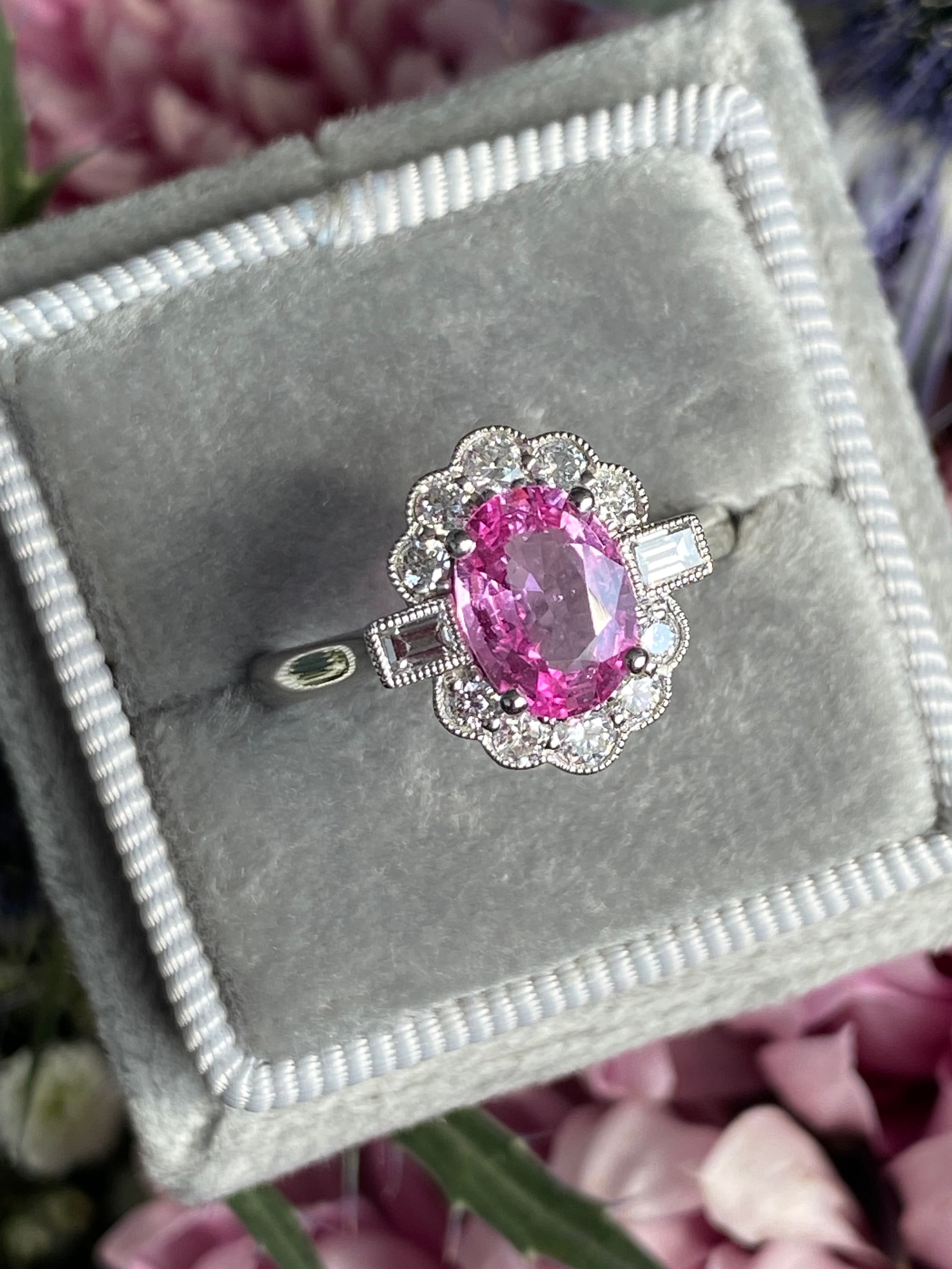 1.76 CTW Pink Sapphire and Diamond Art Deco Style Ring in Platinum