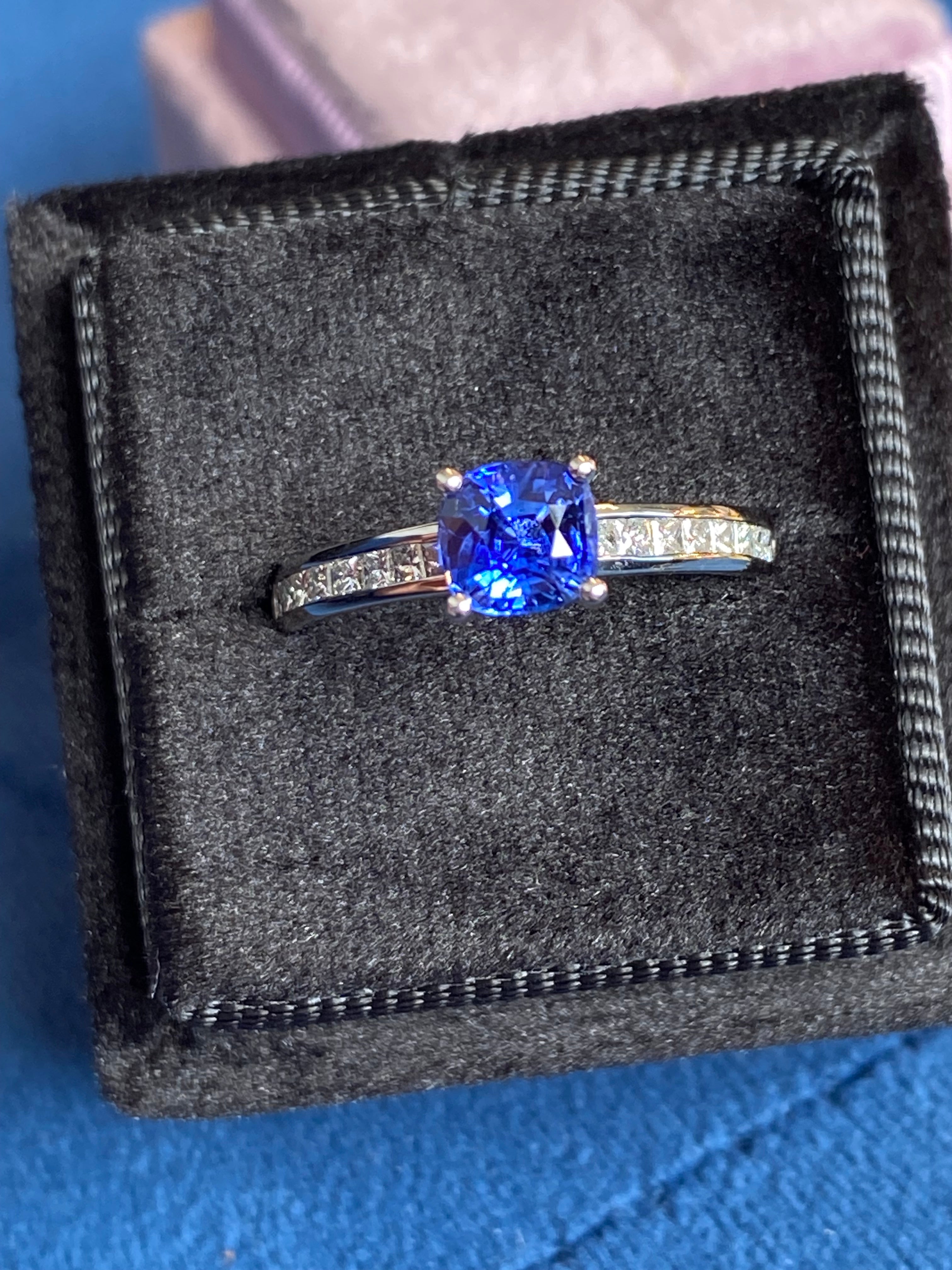 1.02 Carat Cushion Cut Blue Ceylon Sapphire Solitaire Style Engagement Ring in Platinum
