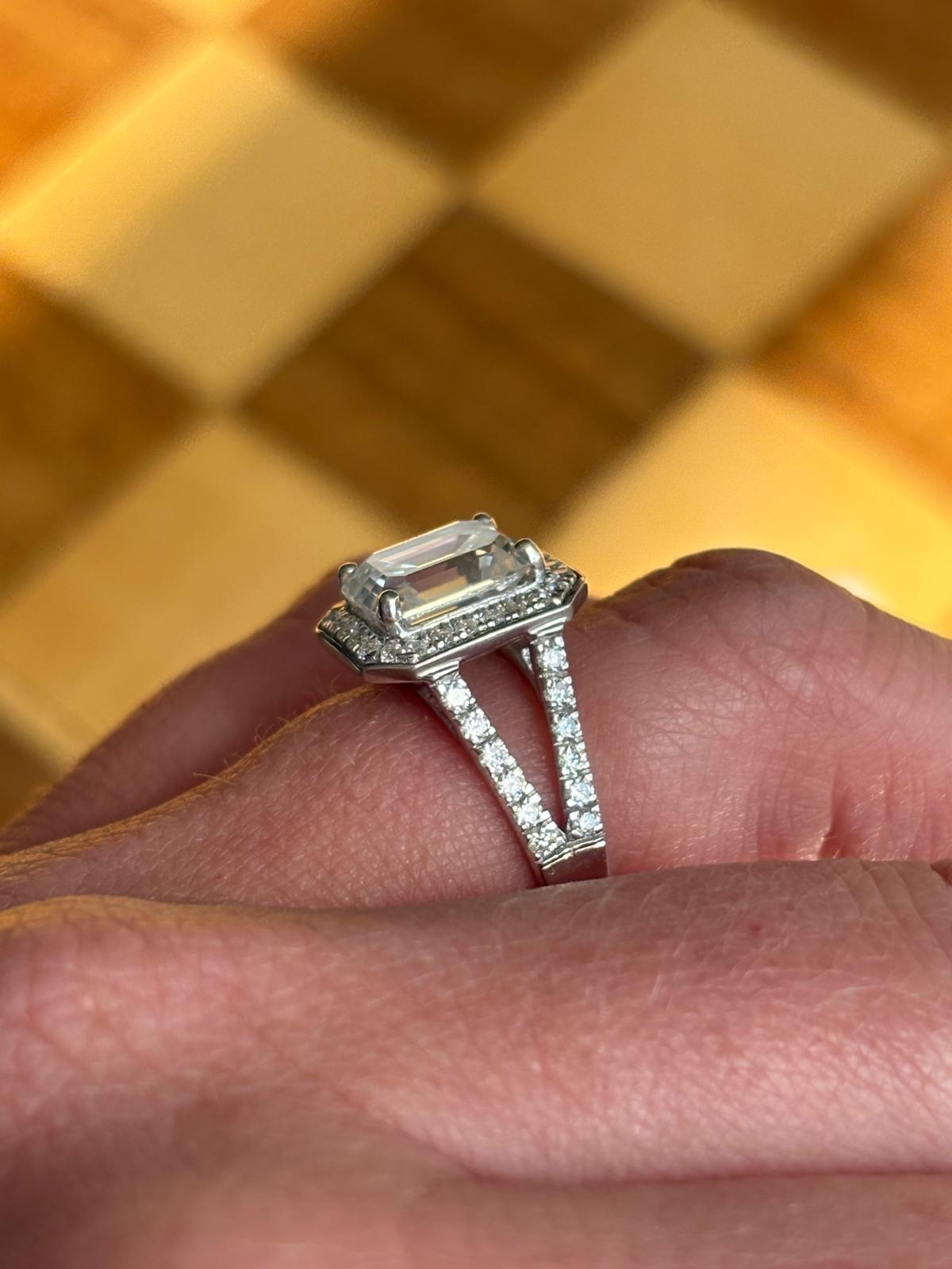 3.10 CTW Emerald Cut Moissanite Halo Ring in Sterling Silver