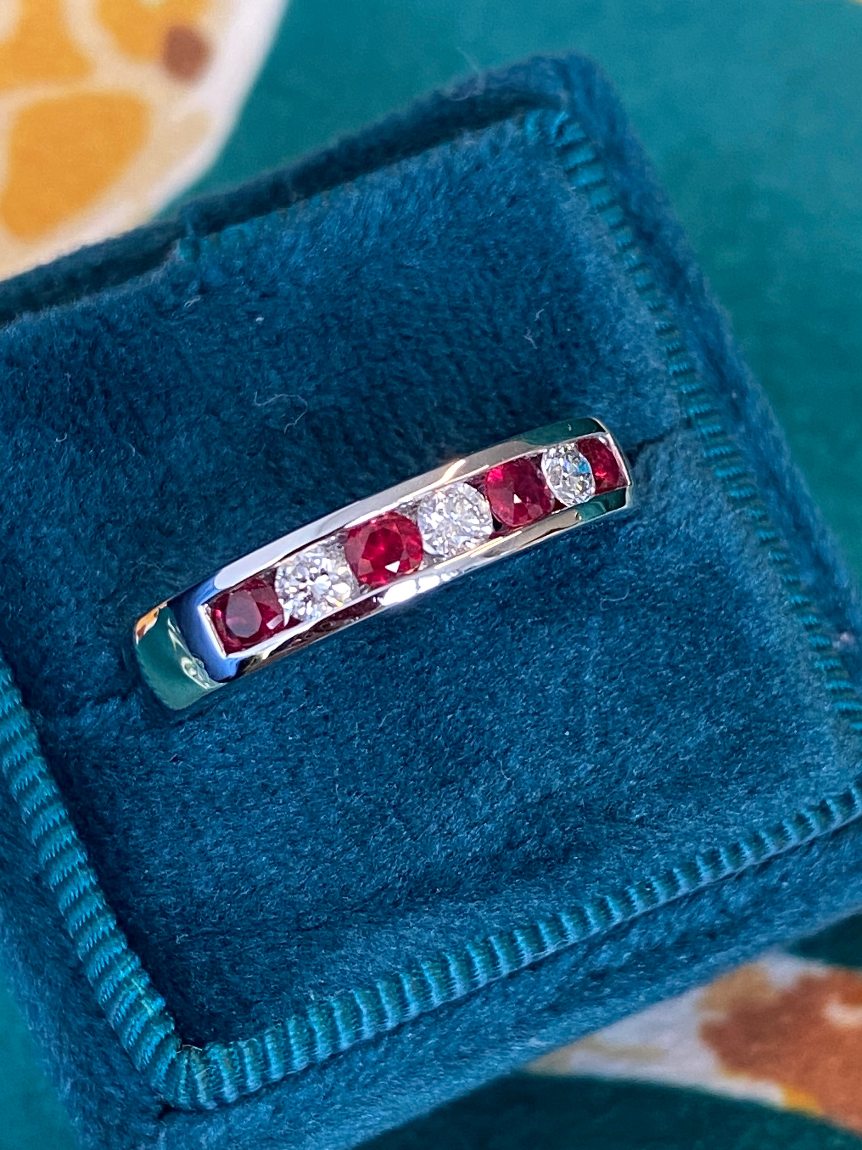 Ruby and Natural Diamond Seven Stone Channel Set Eternity Ring in Platinum