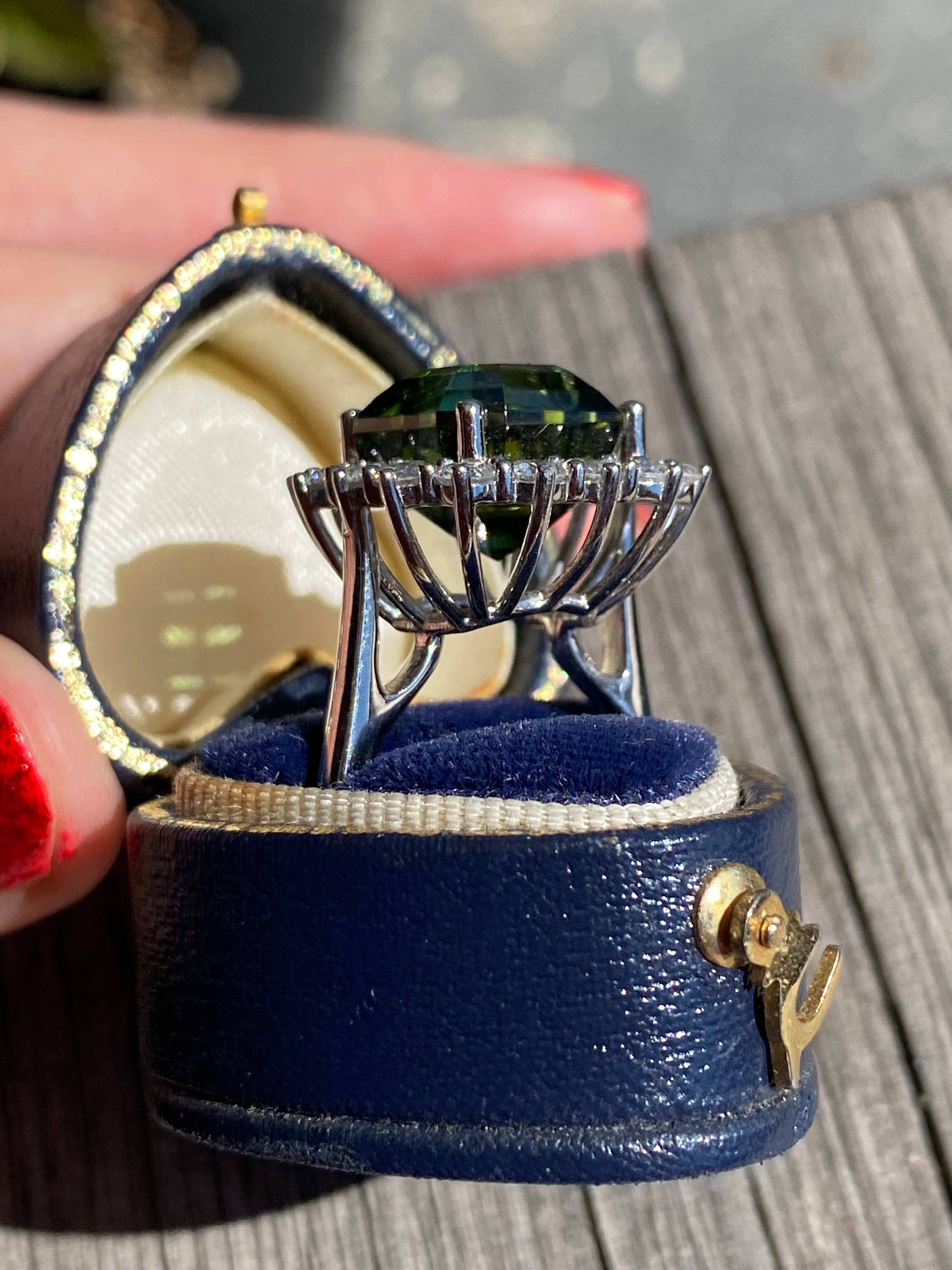 8.44 Carat Asscher Cut Green Tourmaline and 1.38ctw Natural Diamond Ring in Platinum