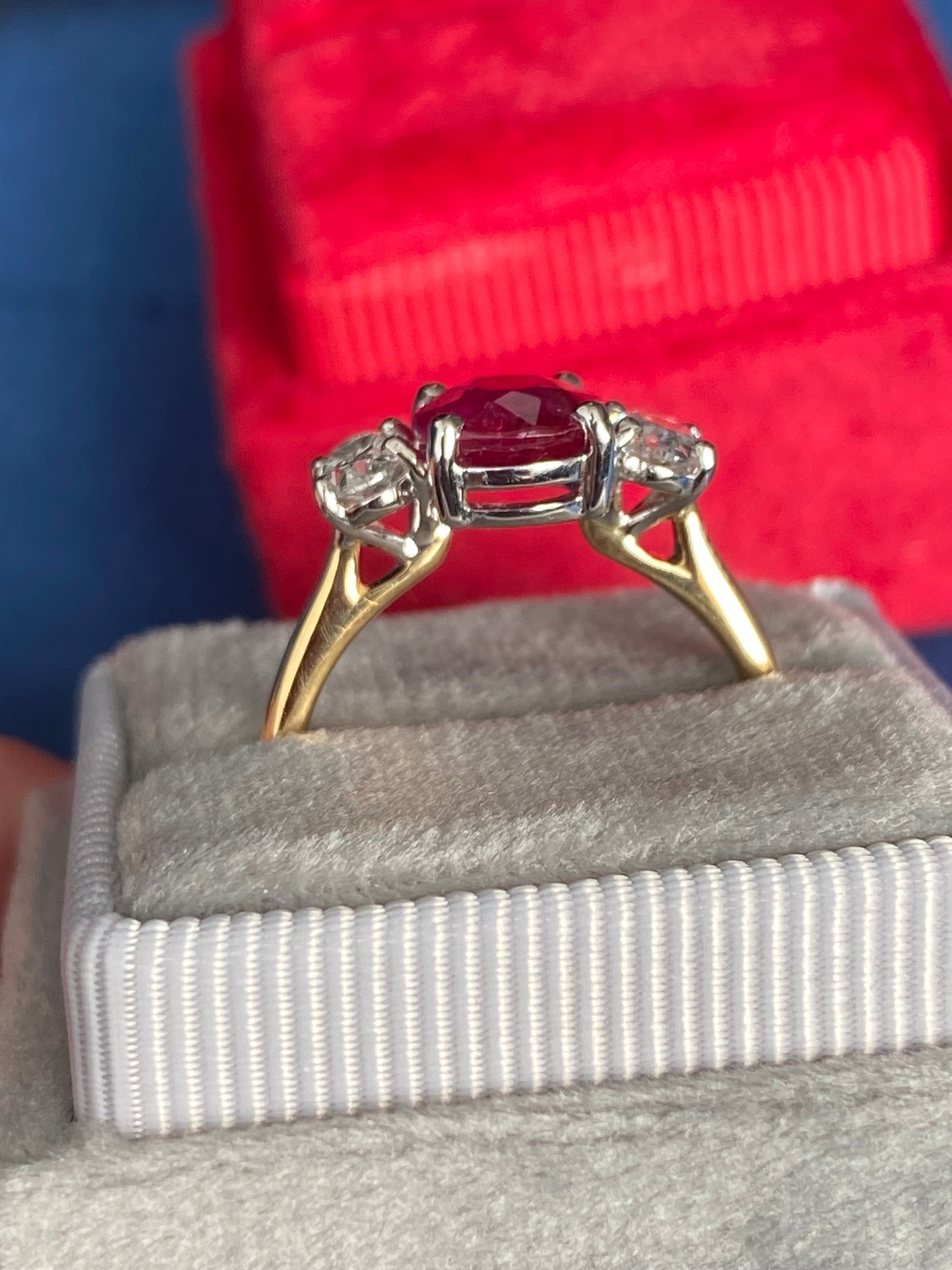 2.03 Carat Ruby and Natural Diamond Three Stone Ring in Platinum and 18ct Yellow Gold