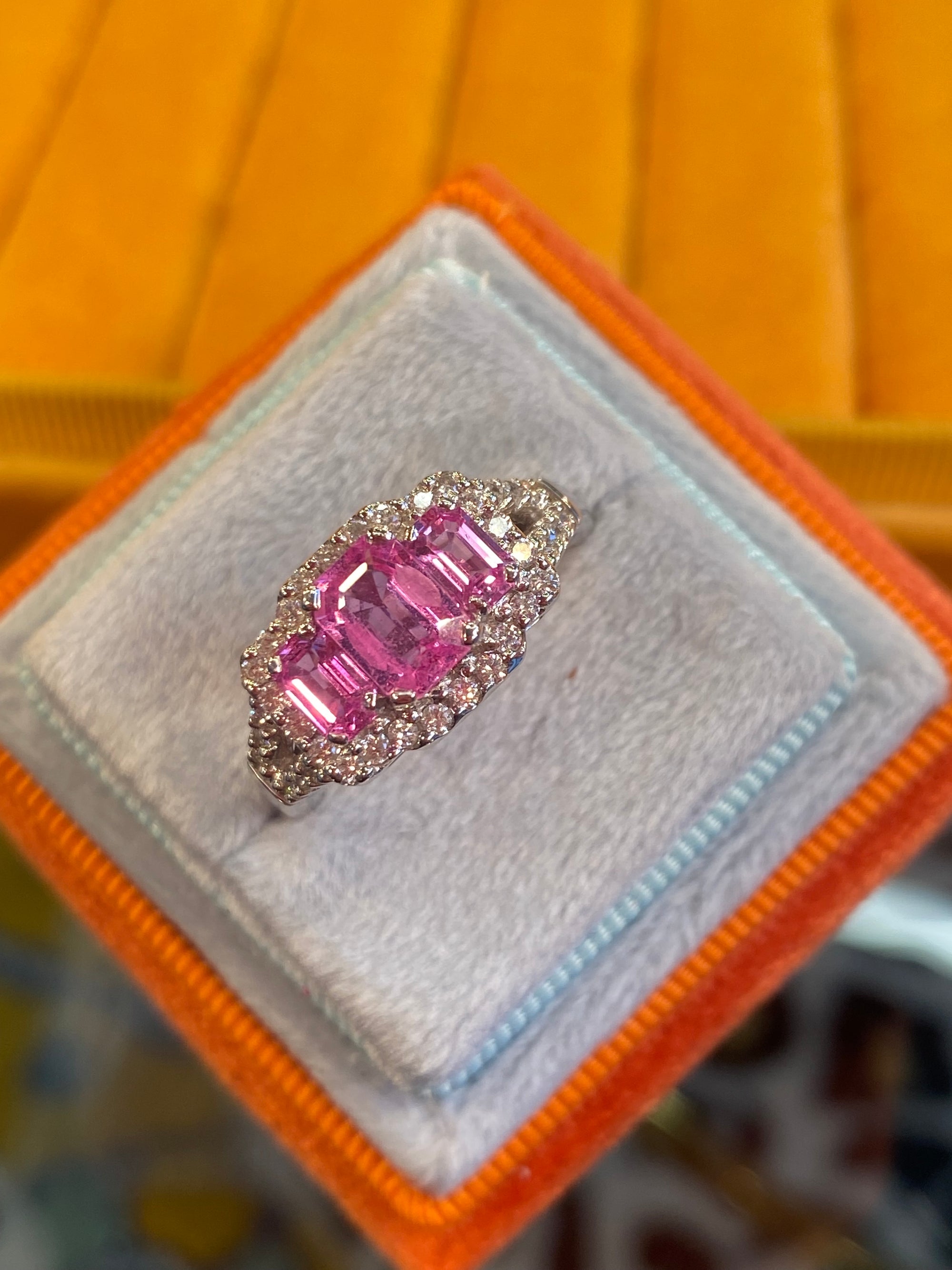 3.50 CTW Pink Sapphire and Natural Diamond Three Stone Ring Set in 18ct White Gold