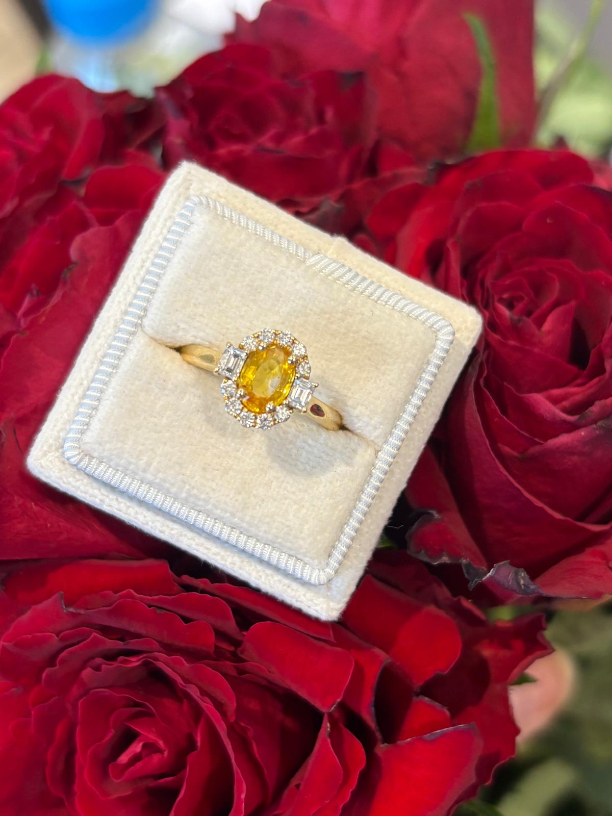 0.93 Carat Orange Yellow Sapphire and 0.37ctw Natural Diamond Halo Engagement Ring in 18ct Yellow Gold