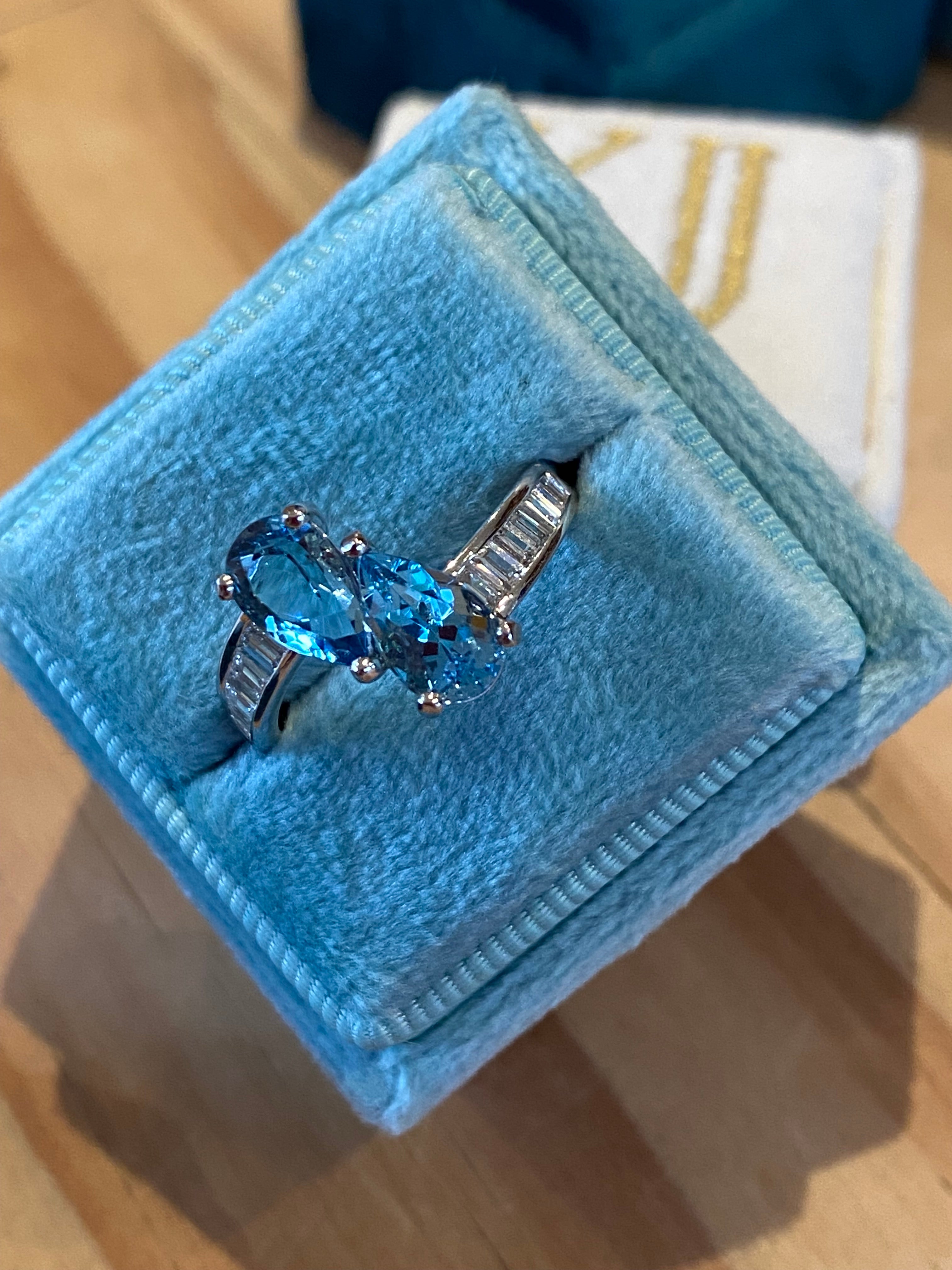 2.01 CTW Pear Cut Aquamarine and Natural Diamond Toi et Moi Ring in Platinum