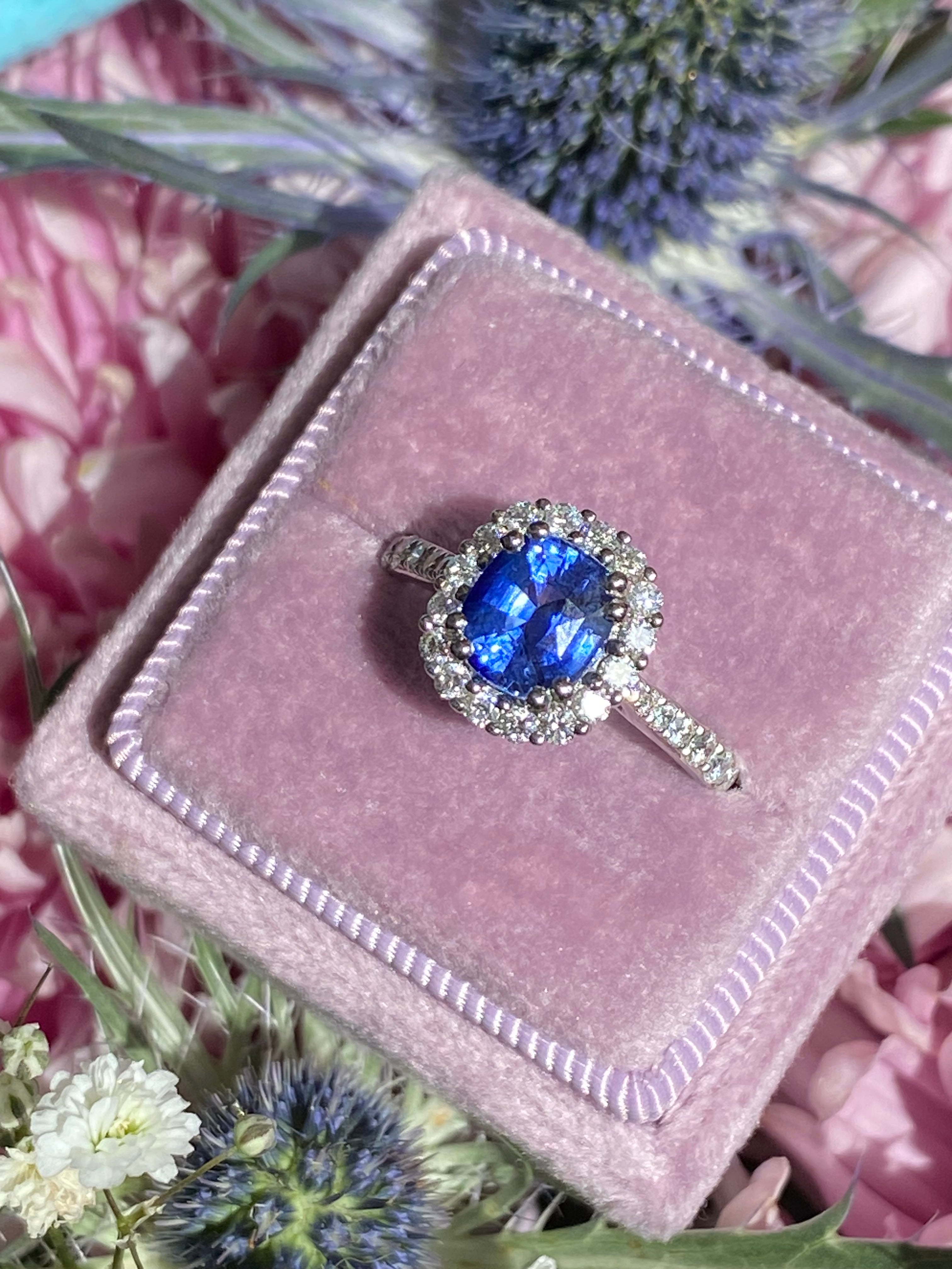 2.17 CTW Blue Ceylon Sapphire and Natural Diamond Three Stone Engagement Ring in Platinum