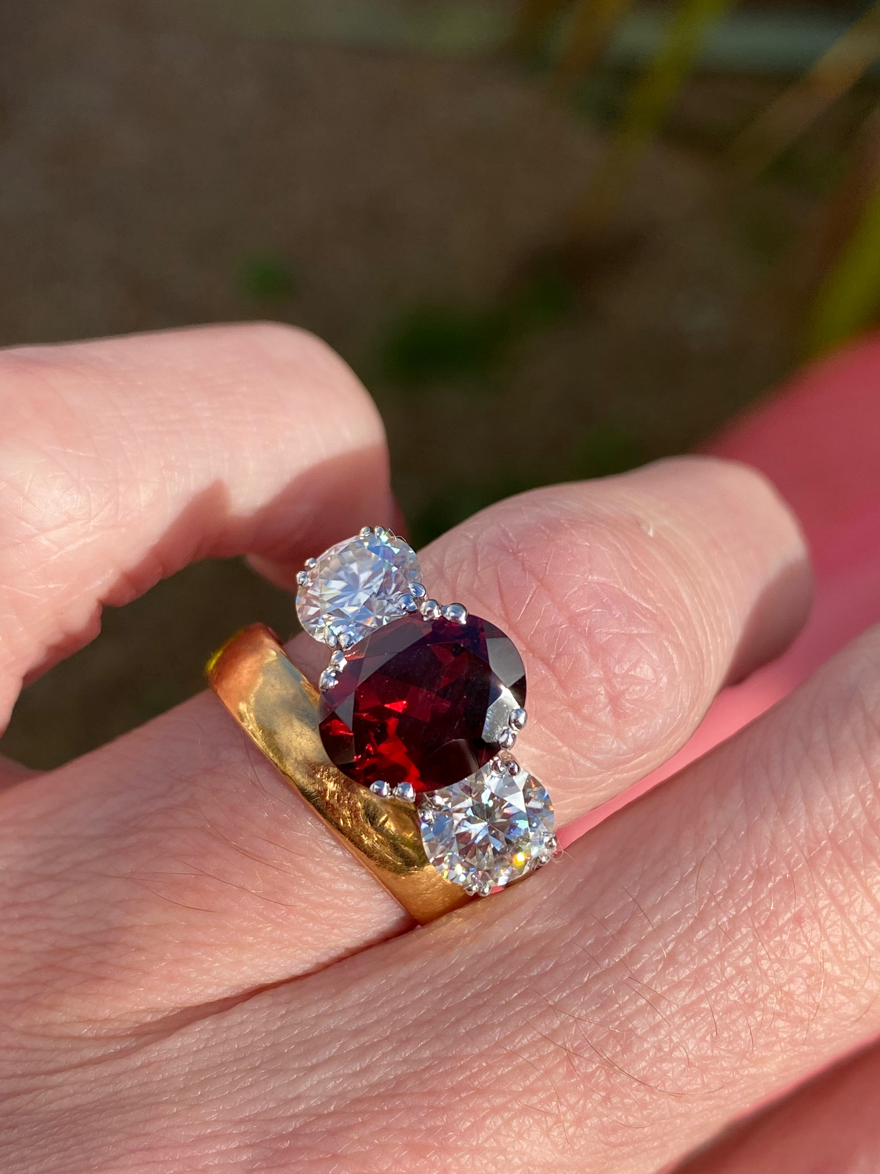 2.57 Carat Garnet and 1.84 Carat Moissanite Three Stone Ring in Sterling Silver