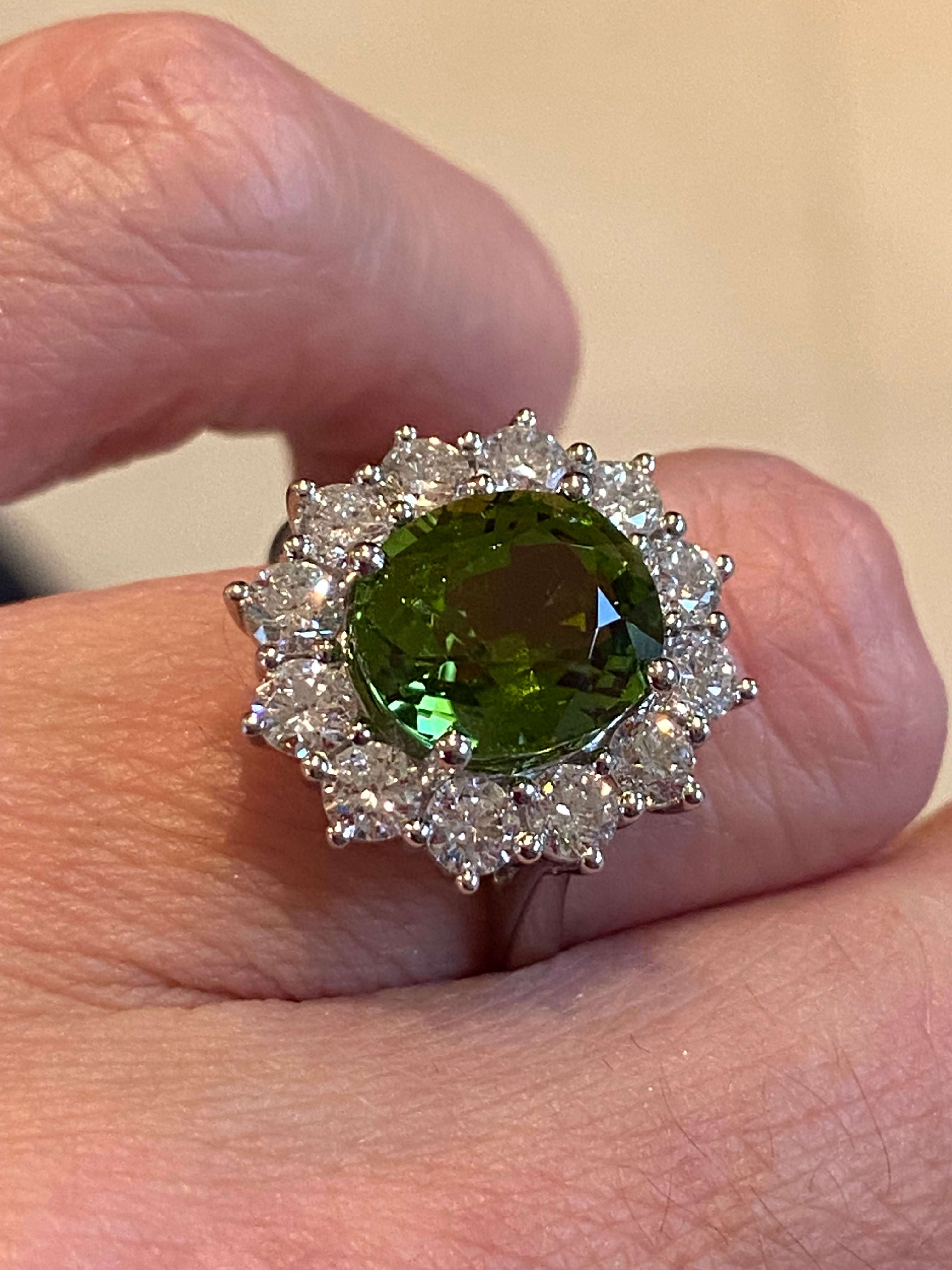 4.99 CTW Green Tourmaline and Natural Diamond Halo Ring in Platinum
