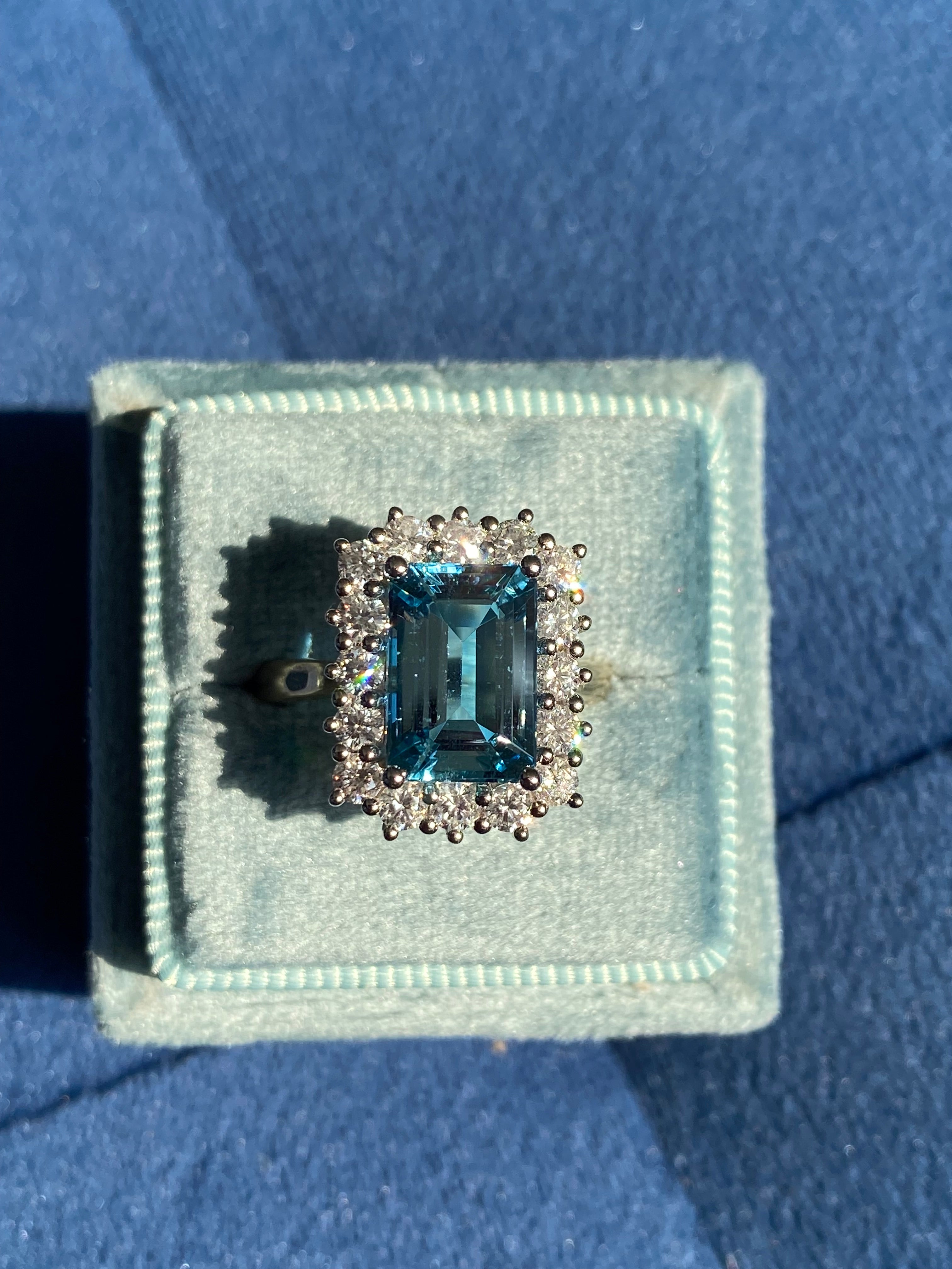 3.05 Carat Aquamarine and 0.89ctw Natural Diamond Halo Ring in Platinum and 18ct Yellow Gold