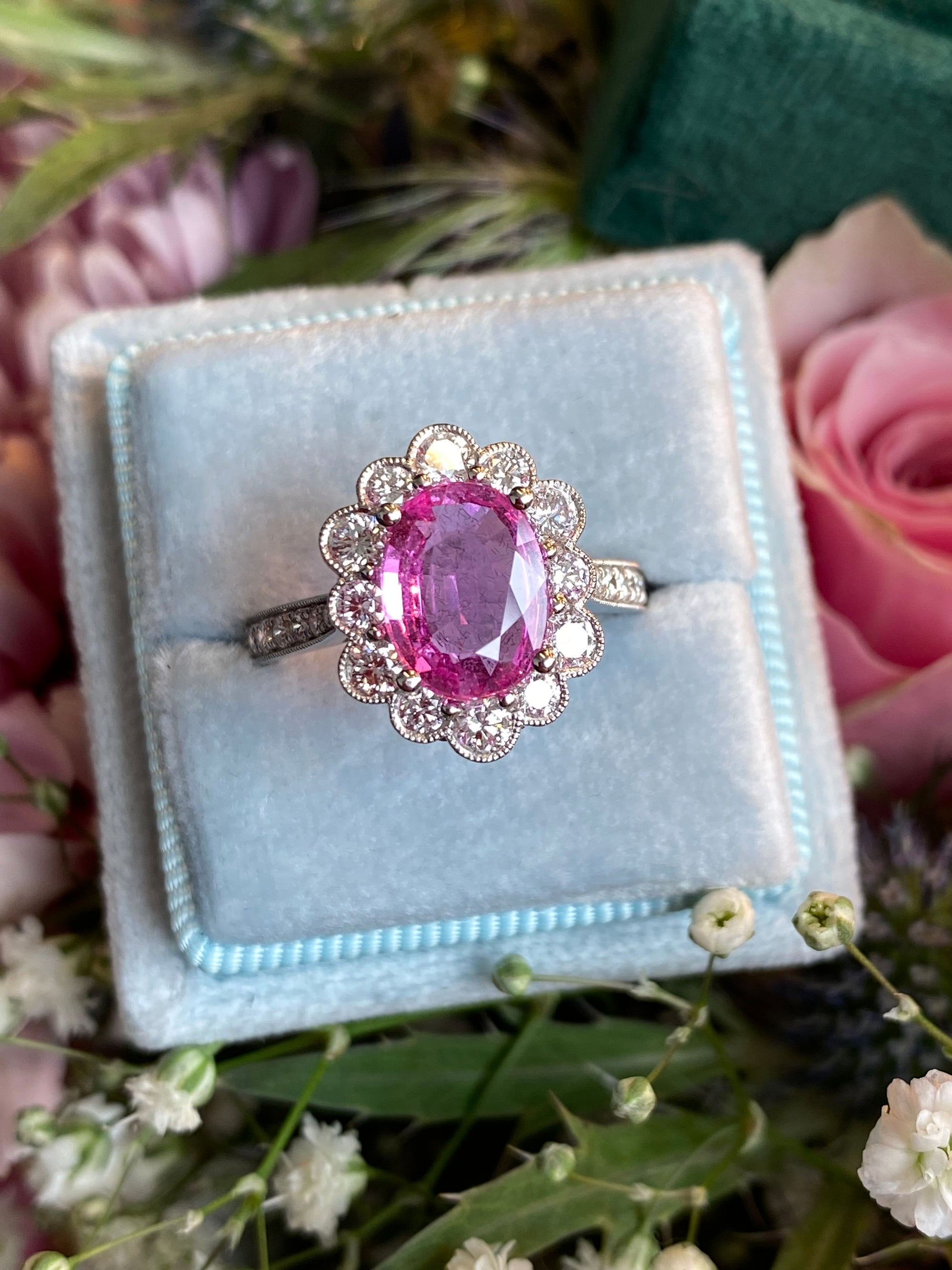 2.92 CTW Oval Cut Pink Sapphire and Natural Diamond Halo Engagement Ring in Platinum