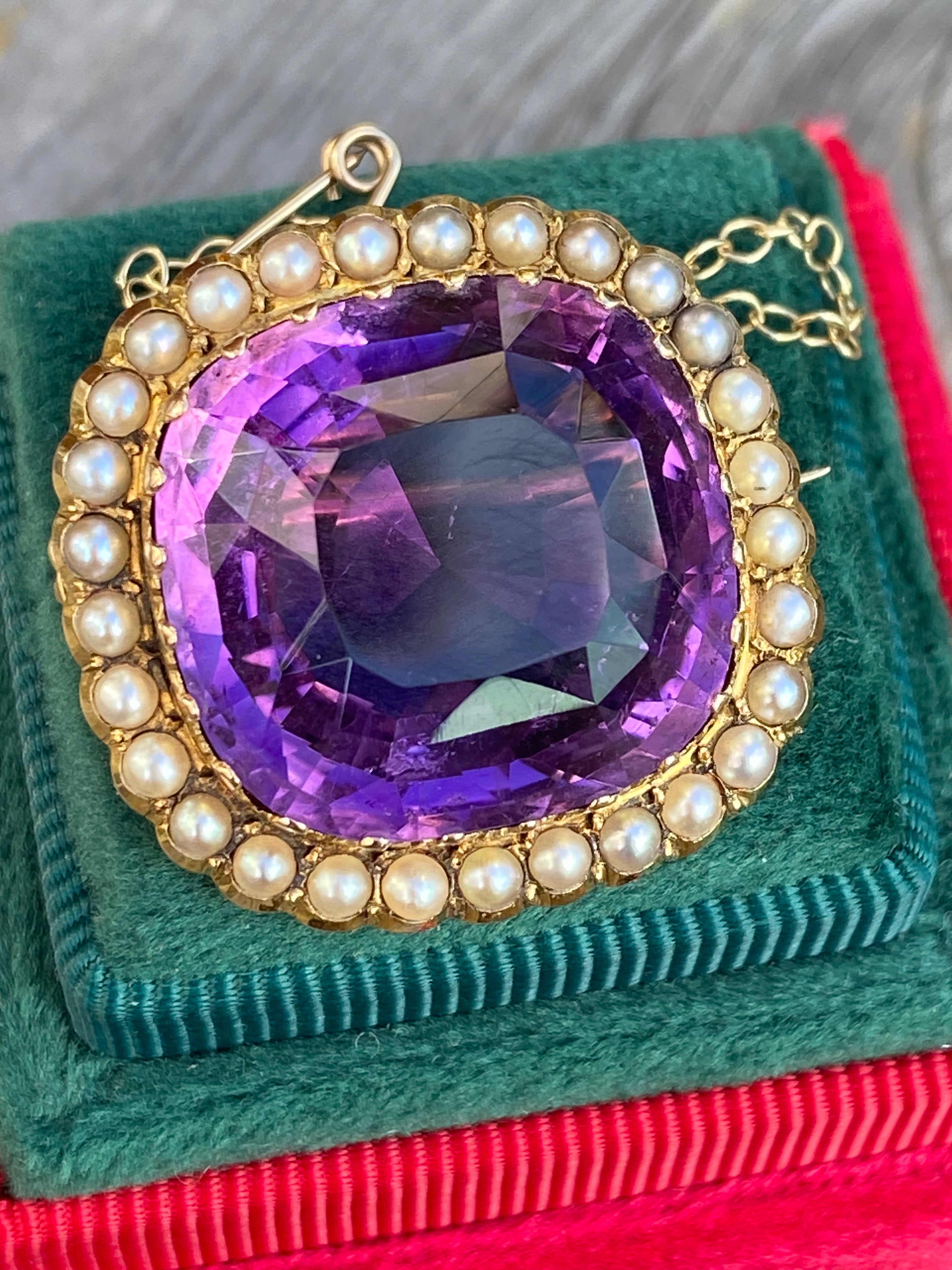 Antique 30.00ct Amethyst and Seed Pearl Brooch in 18ct Yellow Gold