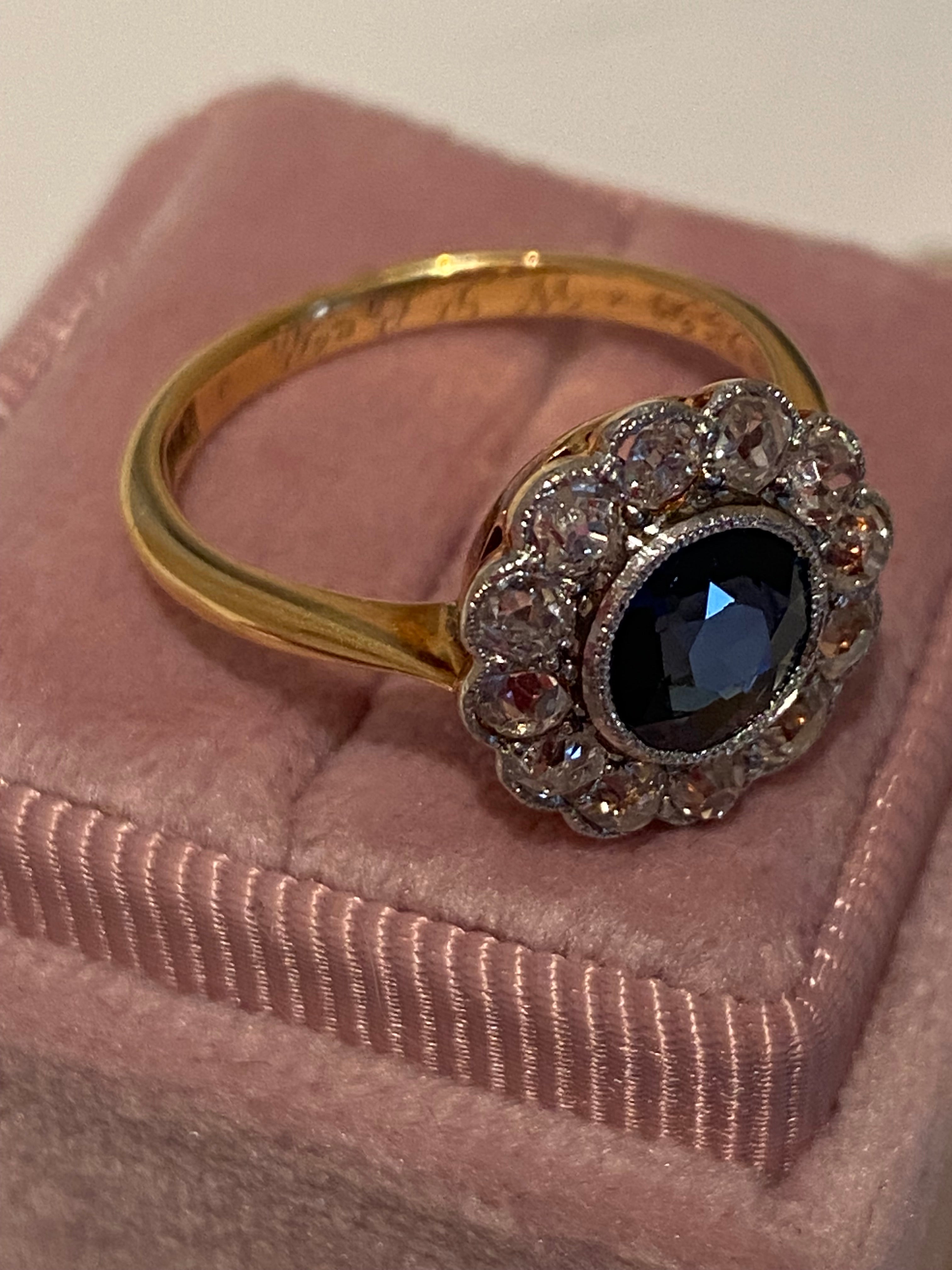 2.25 CTW Antique Edwardian Old Cut Sapphire and Diamond Daisy Ring in 18ct Gold and Platinum