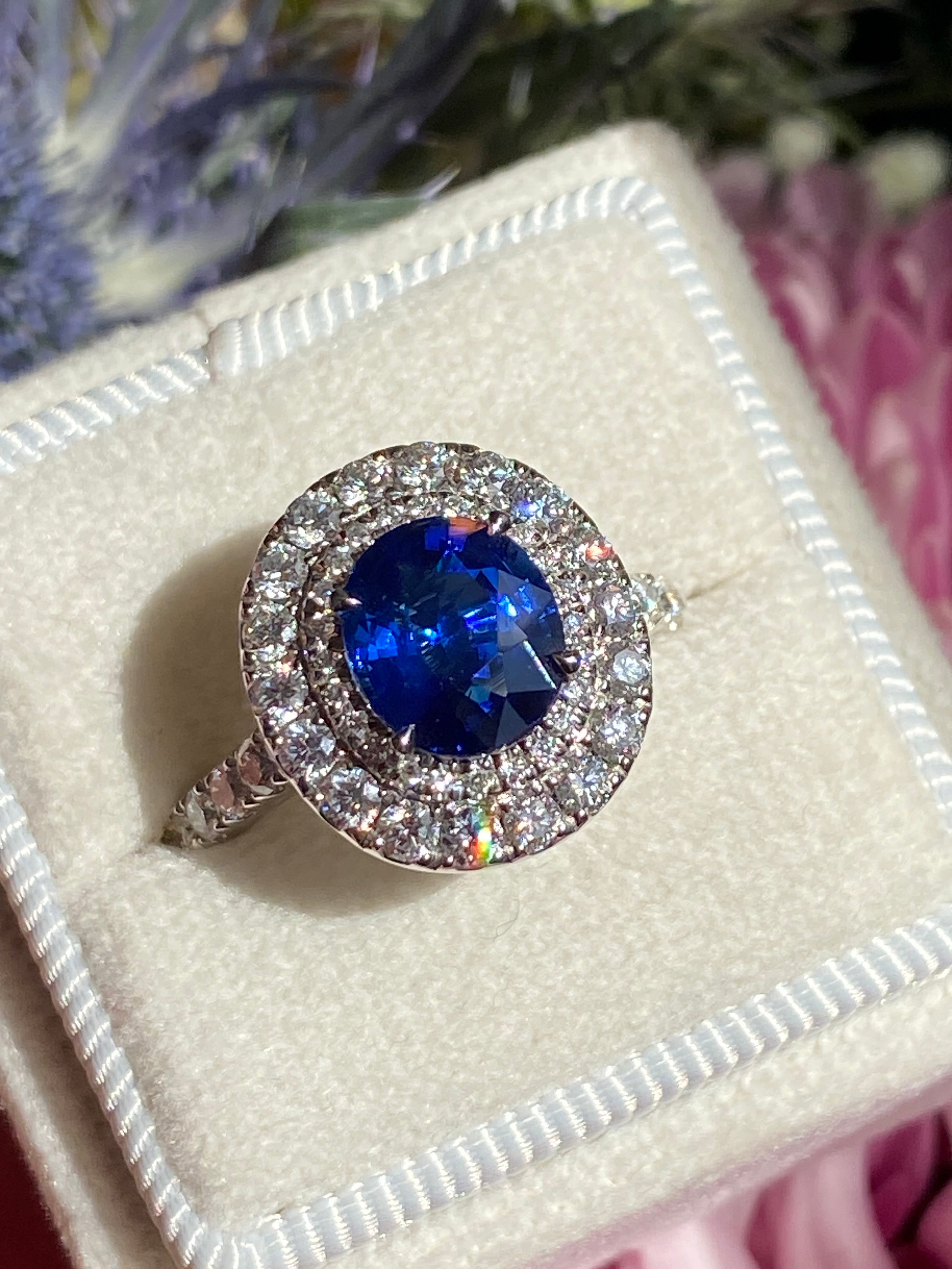 2.21 Carat Blue Ceylon Sapphire and 1.04 CTW Natural Diamond Halo Ring in Platinum