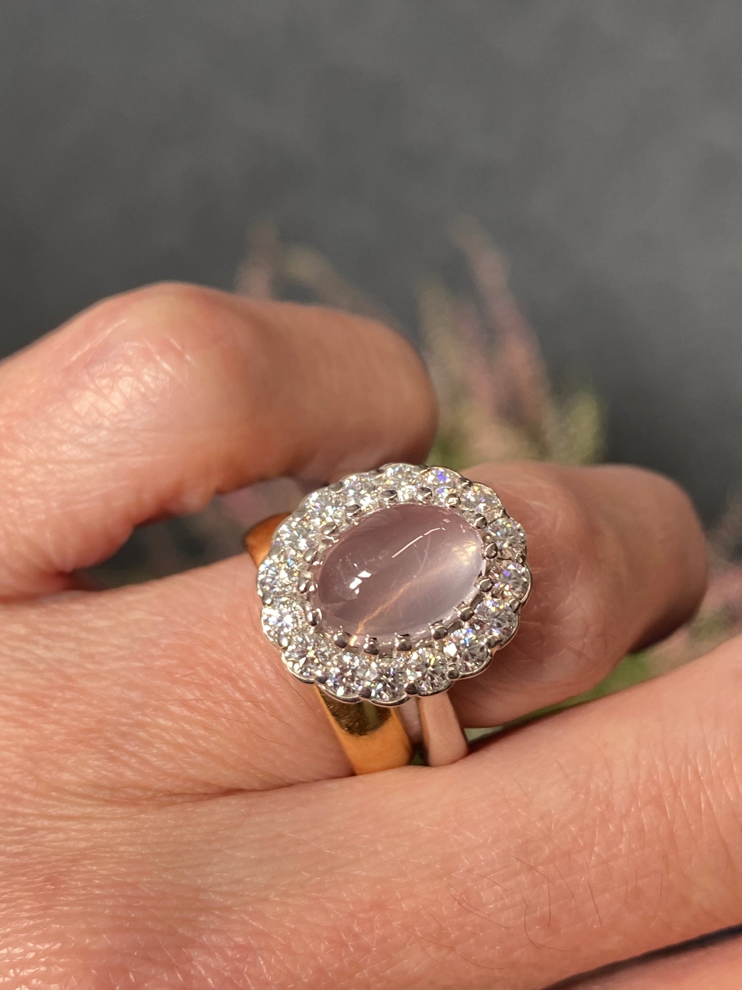 4.50 CTW Oval Cabochon Cut Rose Quartz and Moissanite Halo Cocktail Ring