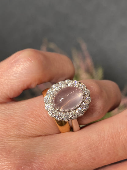 4.50 CTW Oval Cabochon Cut Rose Quartz and Moissanite Halo Cocktail Ring