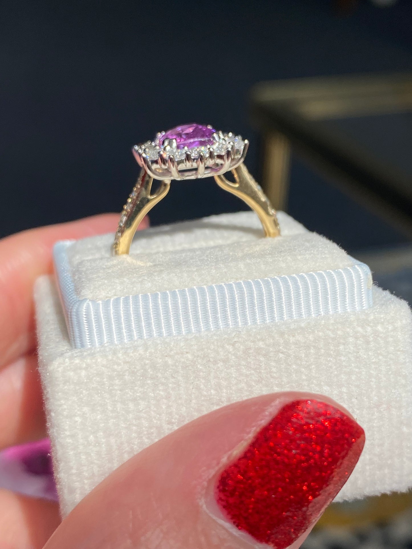 1.65 Carat Purple Sapphire and 0.85ctw Natural Diamond Halo Ring in Platinum and 18ct Gold
