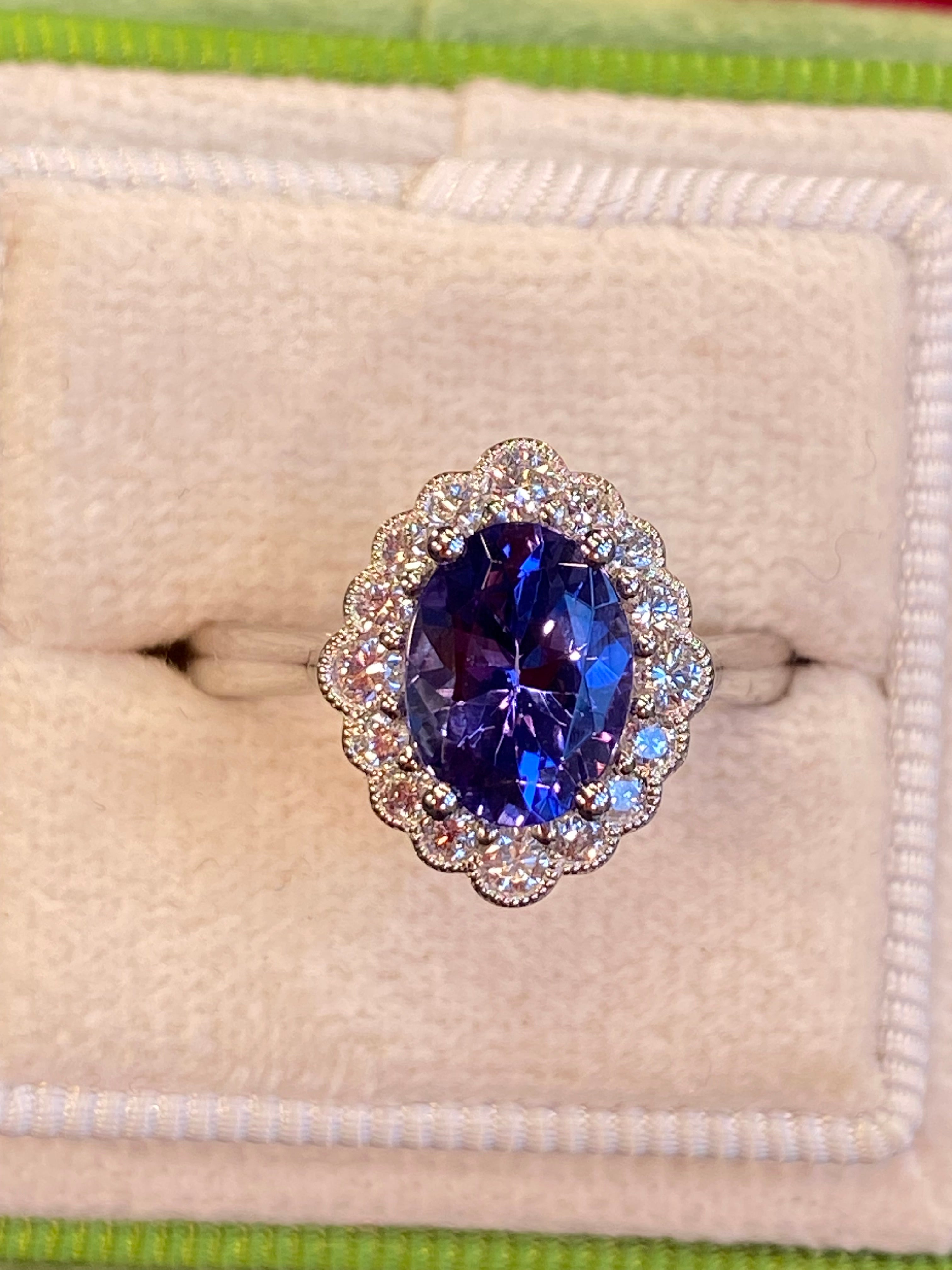 1.99 CTW Tanzanite and Natural Diamond Halo Ring in Platinum