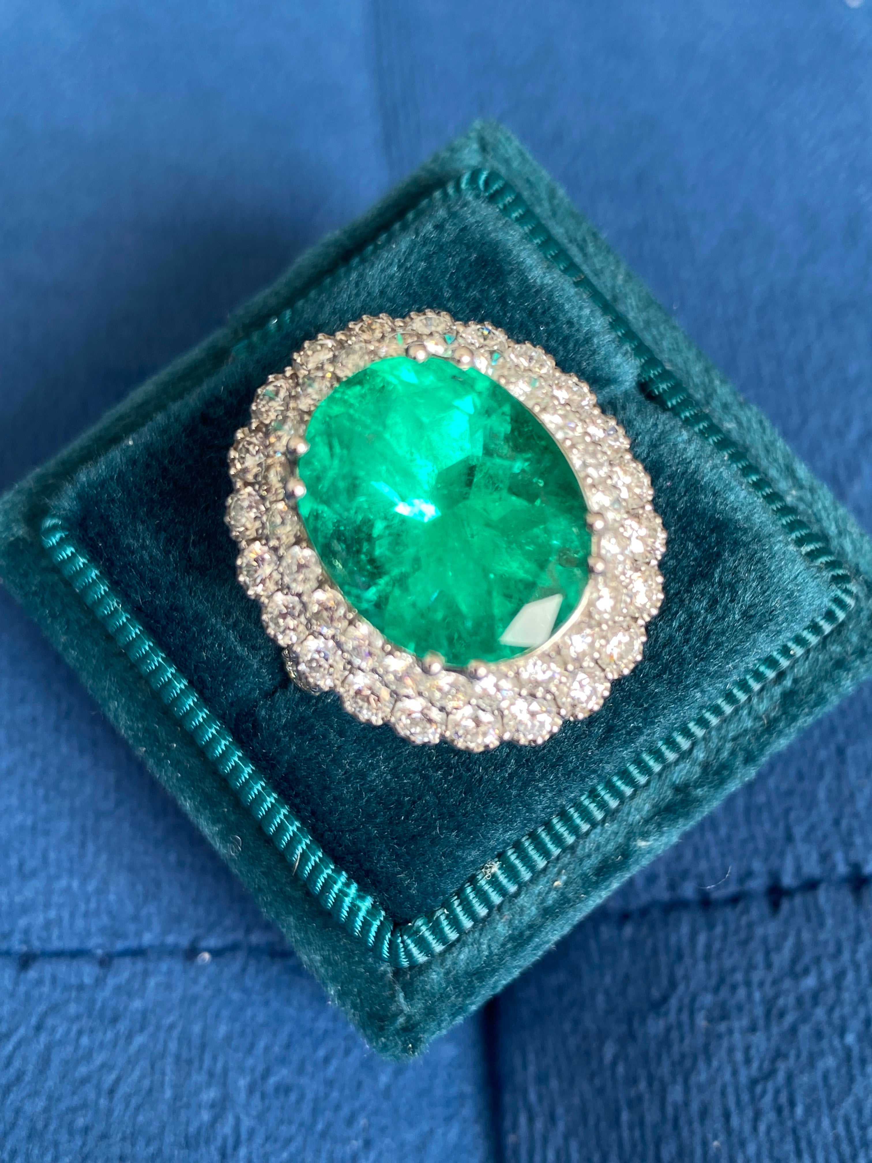 9.10 CTW Colombian Emerald and Natural Diamond Double Halo Ring in Platinum