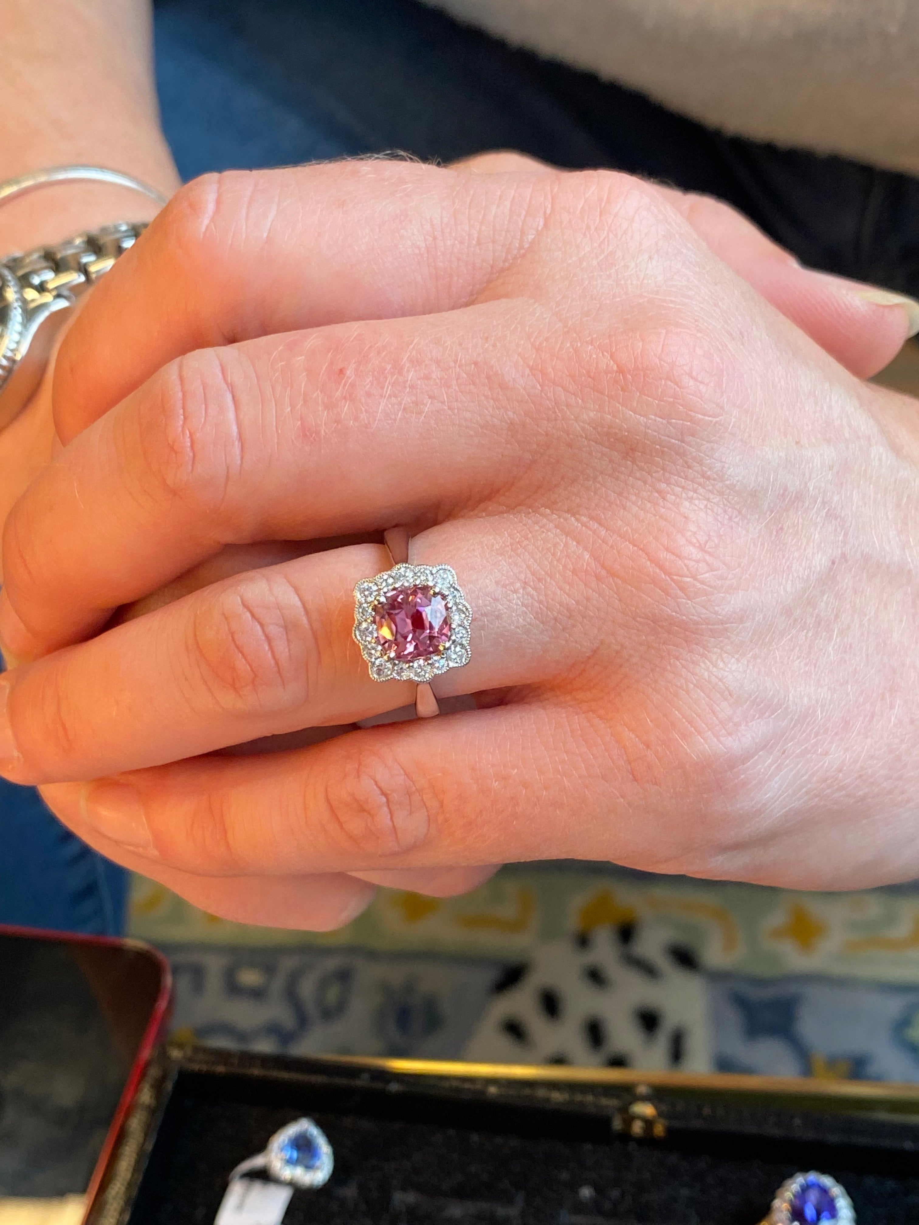 1.58 Carat Cushion Cut Pink Tourmaline and Natural Diamond Ring in Platinum