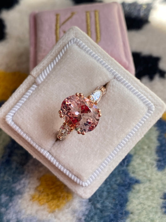 3.04 Carat Morganite and Natural Diamonds Three Stone Engagement Ring in 18ct Rose Gold