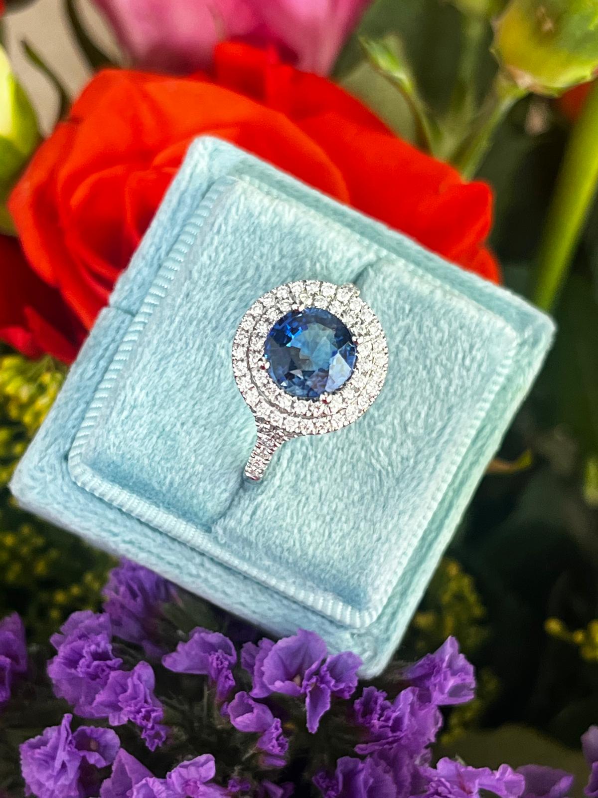 2.56 CTW Blue Ceylon Sapphire and Natural Diamond Double Halo Ring in Platinum
