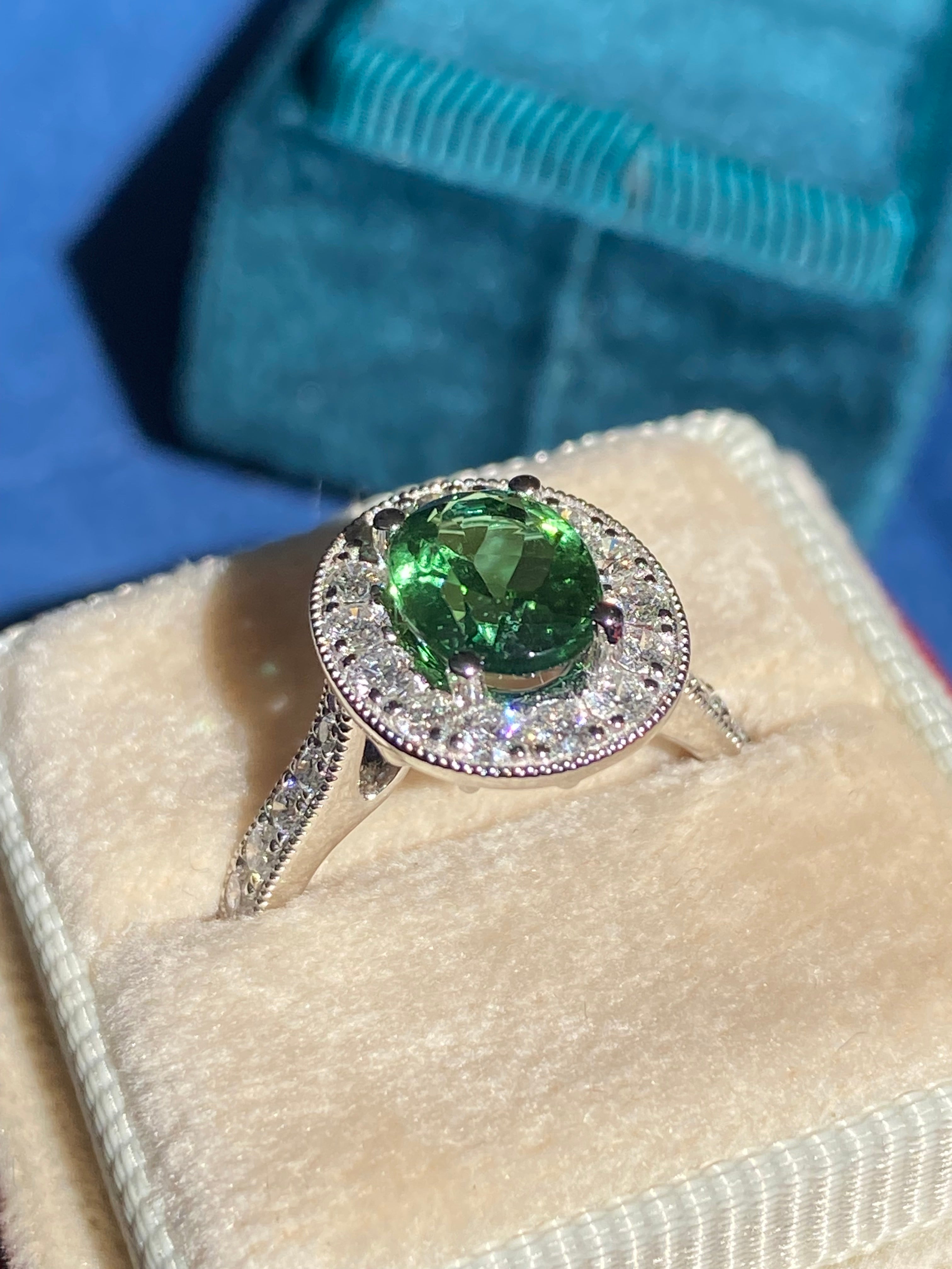 1.66 Carat Oval Cut Mint Tourmaline and 0.66 CTW Natural Diamond Ring in Platinum