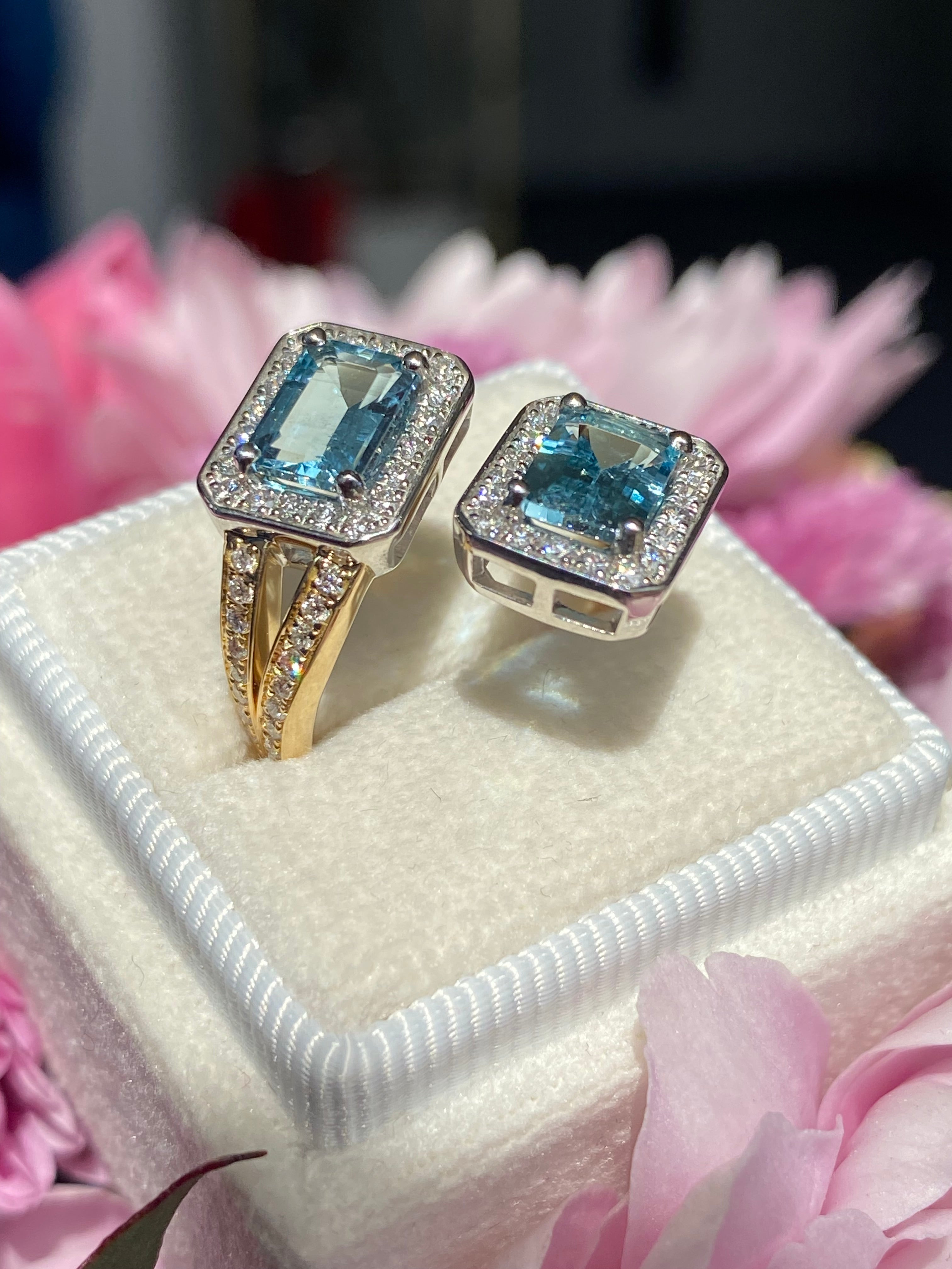 2.25ctw Aquamarine and Natural Diamond Toi et Moi Ring in Platinum and 18ct Yellow Gold
