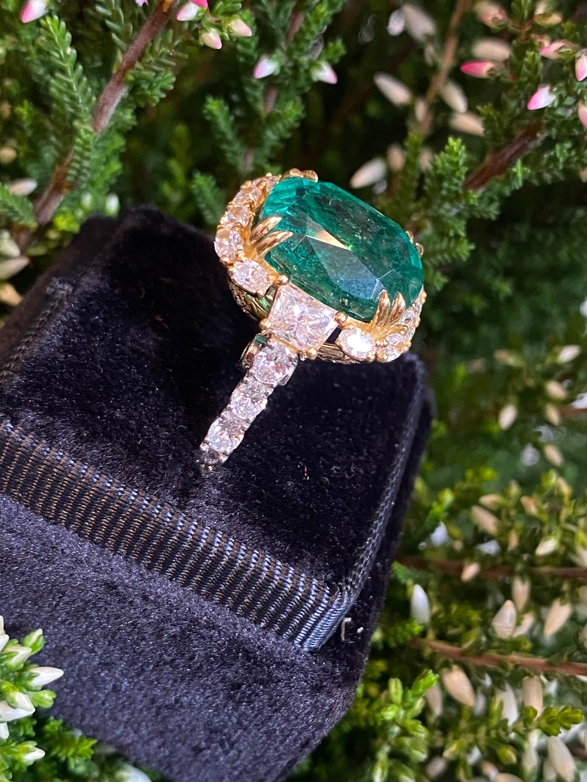 8.75 Carat Cushion Cut Zambian Emerald and 2.53 CTW Natural Diamond Halo Ring in Platinum and 18ct Yellow Gold