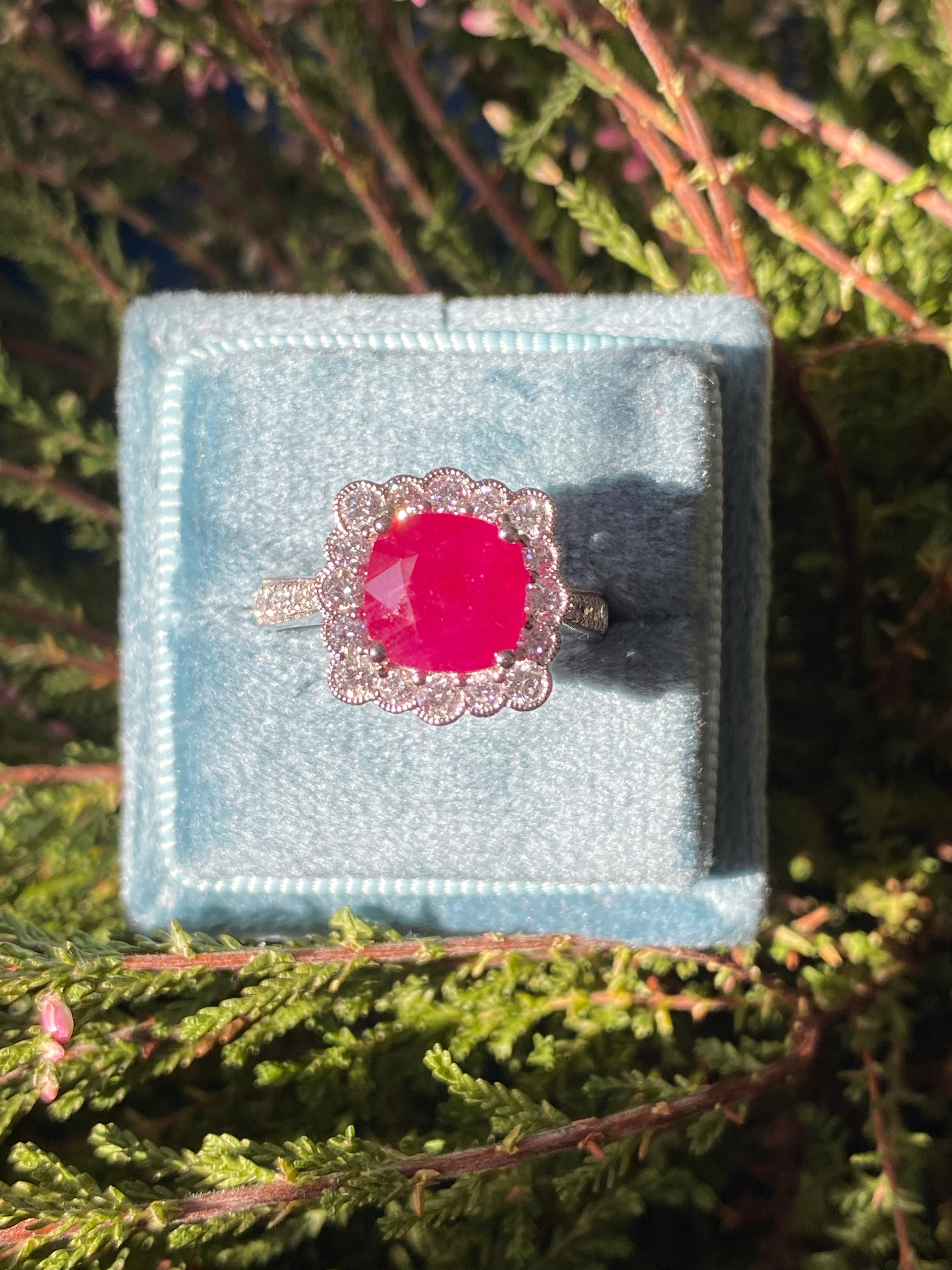 3.29 Carat Cushion-Cut Ruby and 0.78 ctw Natural Diamond Halo Ring in Platinum