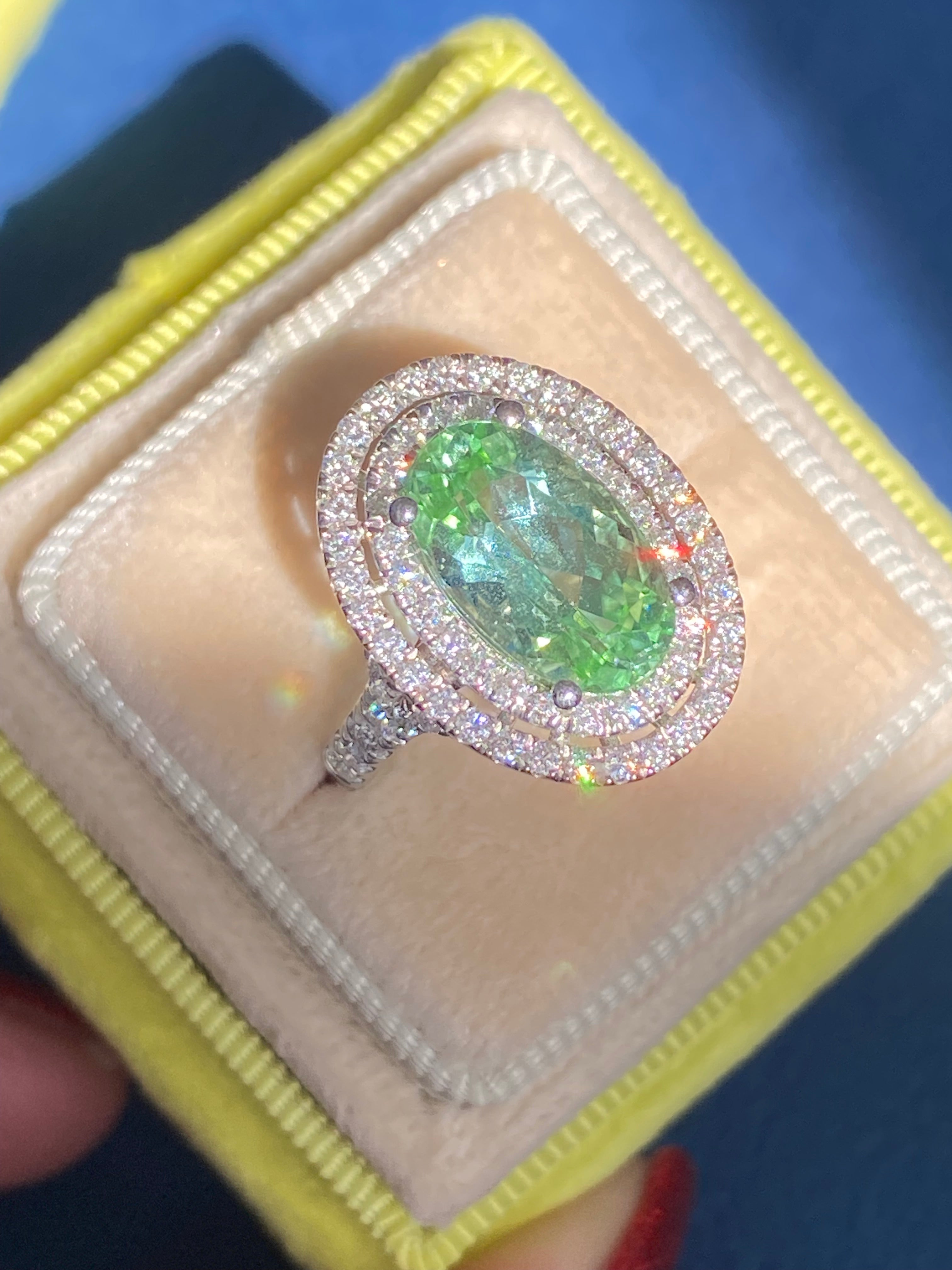 4.77 CTW Magical Mint Tourmaline and Natural Diamond Double Halo Ring in Platinum