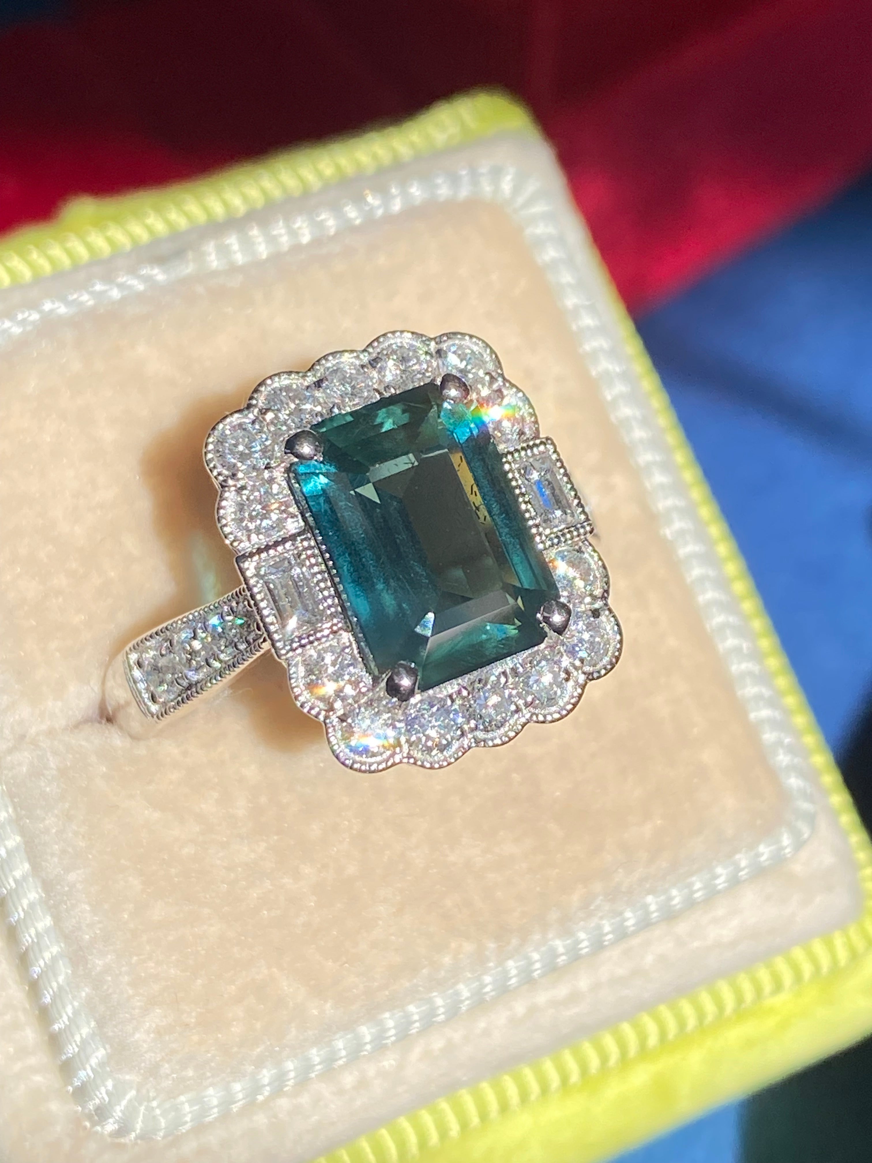 3.73 Carat Teal Sapphire and Natural Diamond Ring in Platinum